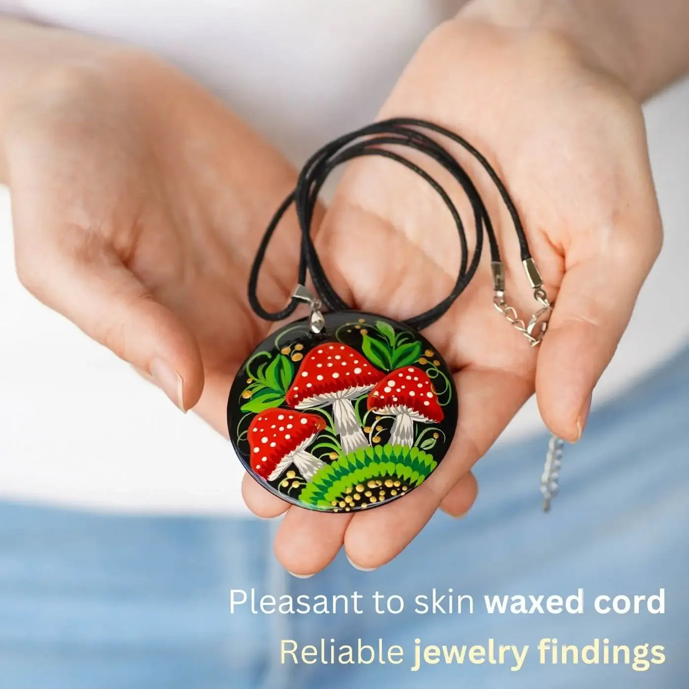 Hand-painted Wooden Mushroom Pendant Necklace - Artisanal Large Circle Statement Necklace