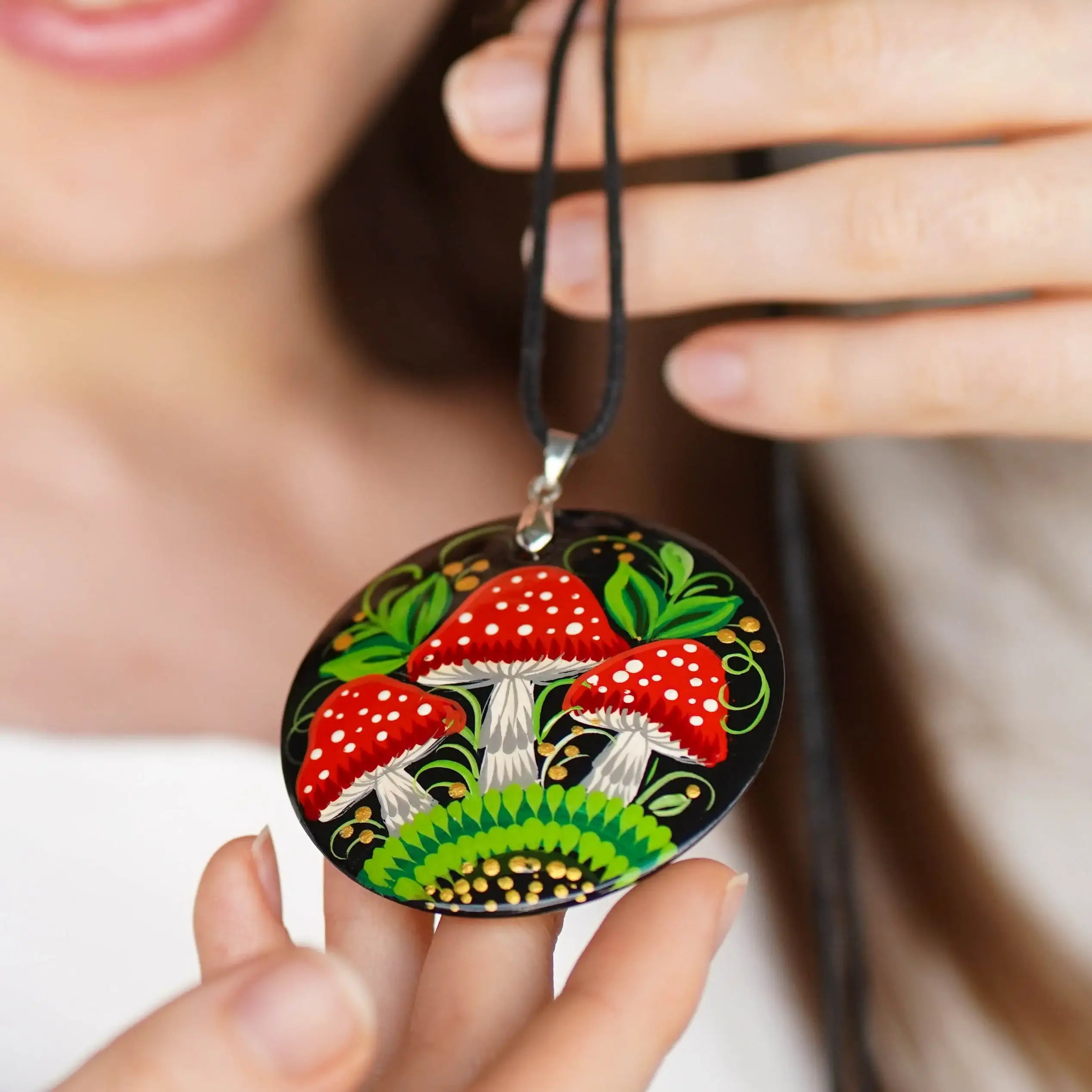 Hand-painted Wooden Mushroom Pendant Necklace - Artisanal Large Circle Statement Necklace