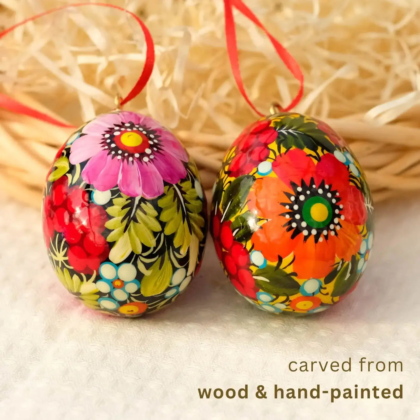 Painted Wooden Easter Egg - Hanging Ukranian Pysanky Egg with Petrykivka Art