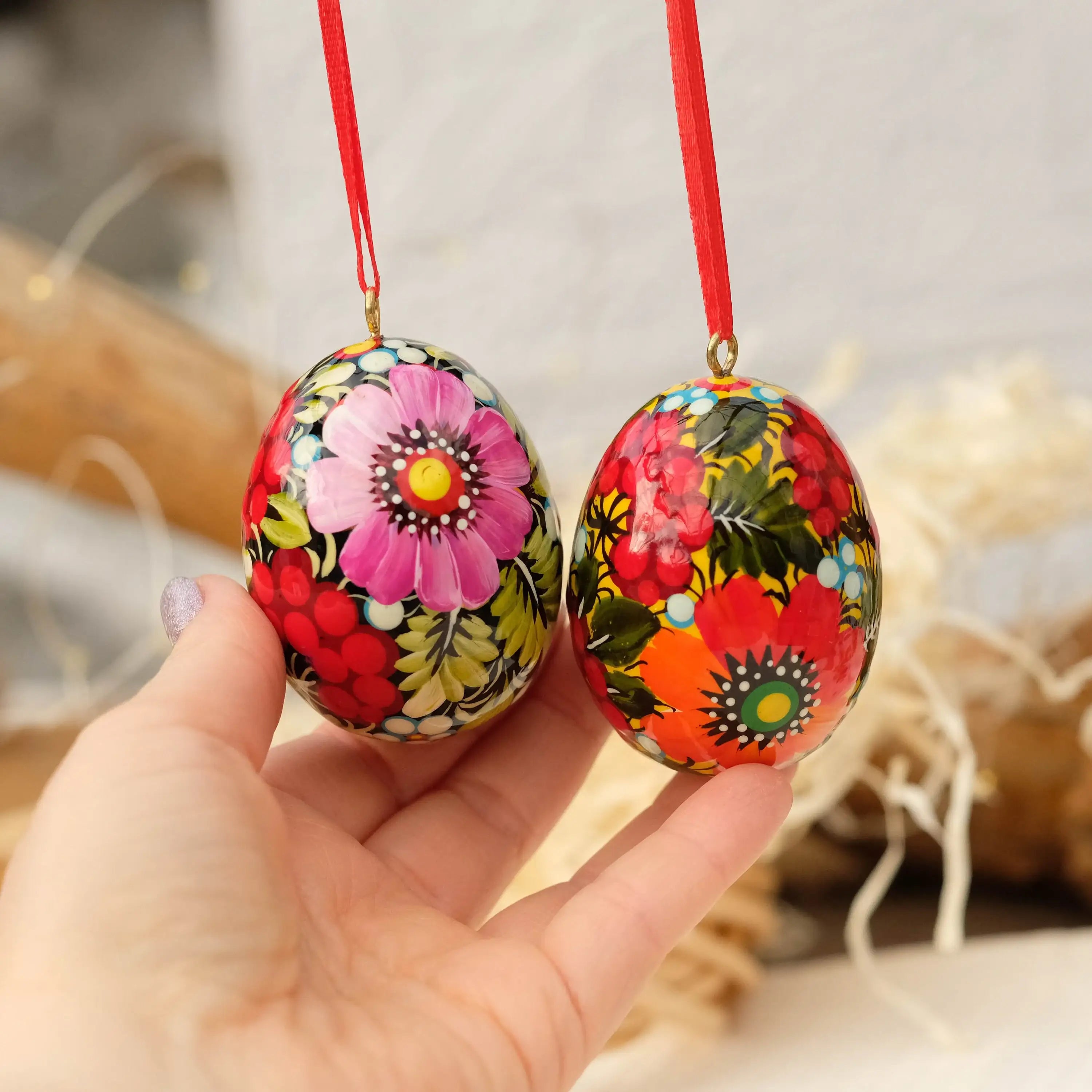 Painted Wooden Easter Egg - Hanging Ukranian Pysanky Egg with Petrykivka Art