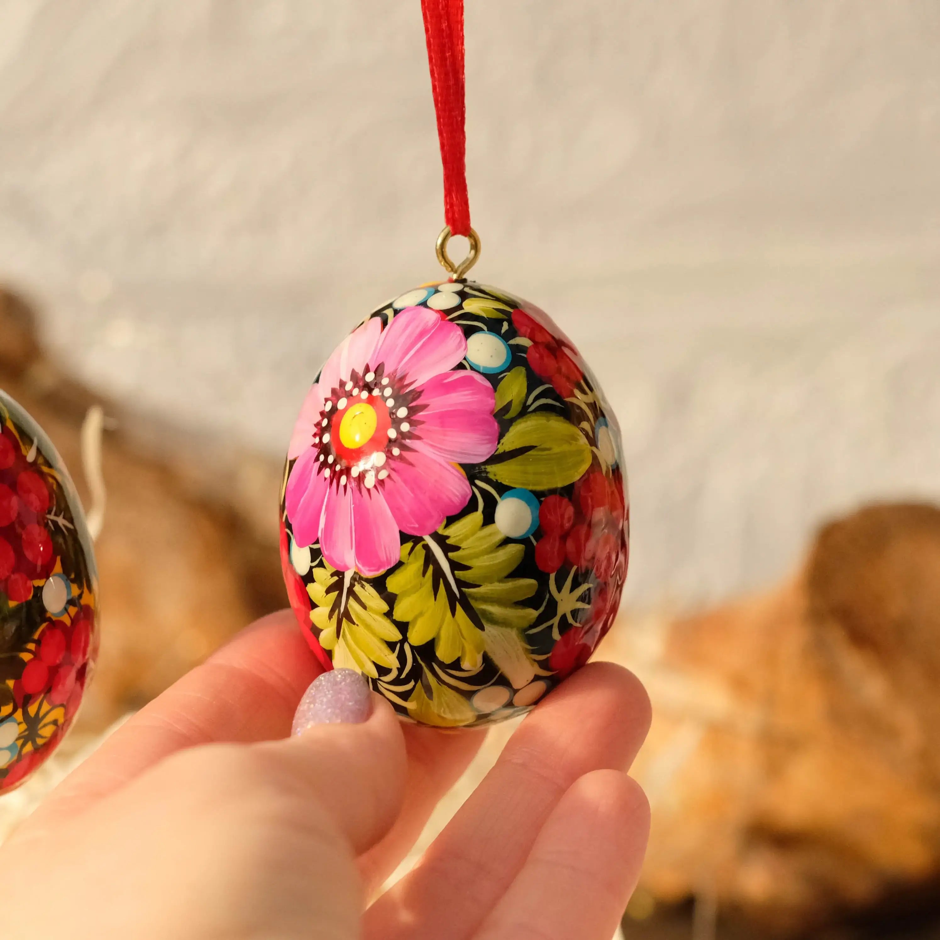 Painted Wooden Easter Egg - Hanging Ukranian Pysanky Egg with Petrykivka Art