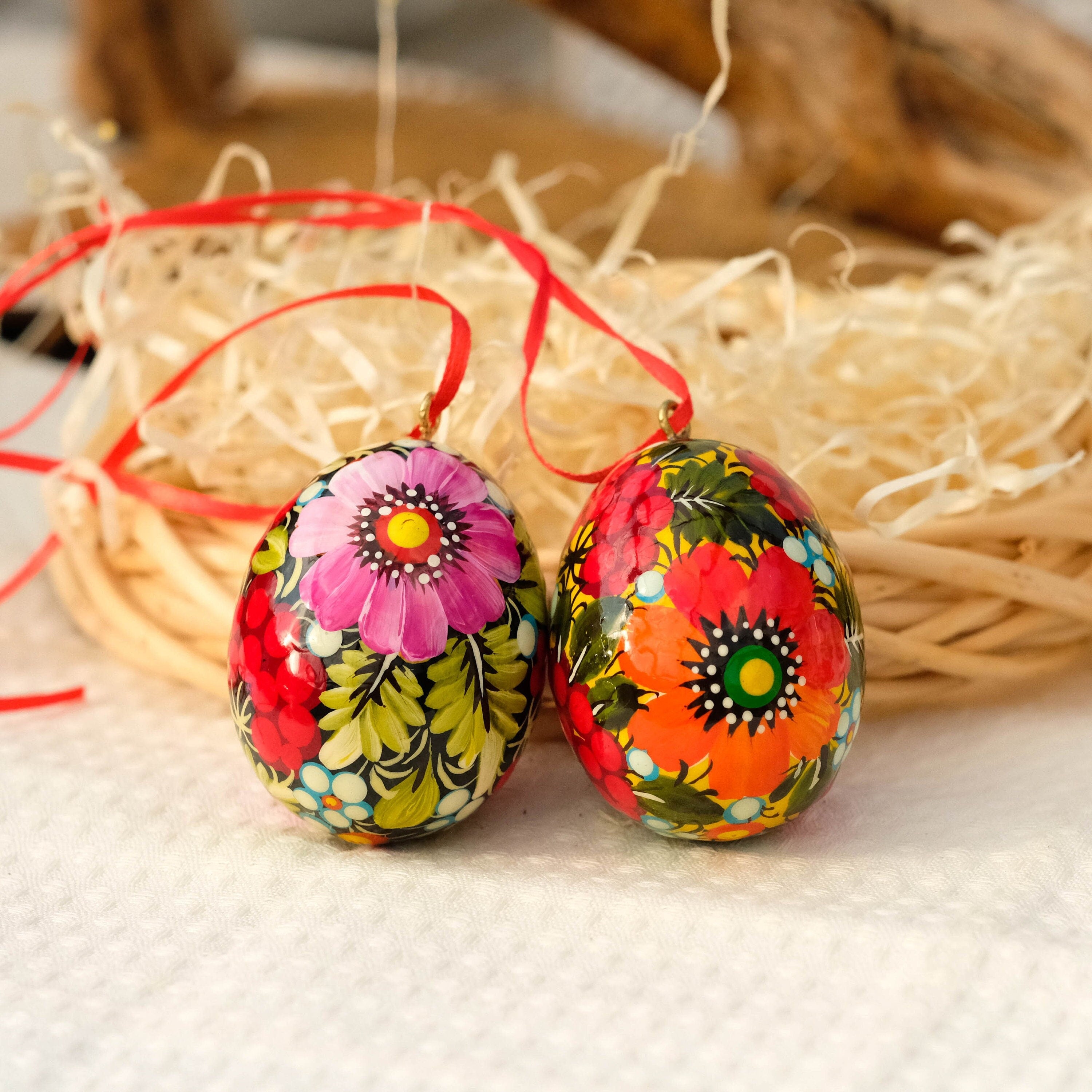 Painted Wooden Easter Egg - Hanging Ukranian Pysanky Egg with Petrykivka Art