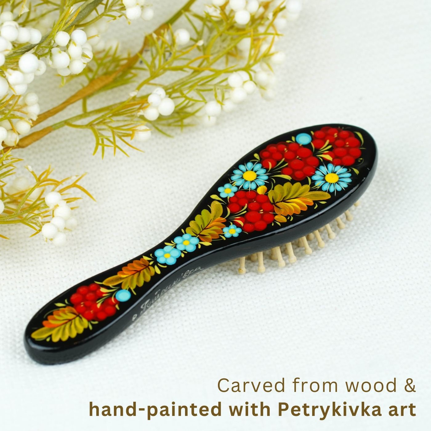 Hand-painted Wooden Strawberry Paddle Hairbrush - Petrykivka Art Flower Hairbrush with Wooden Bristles