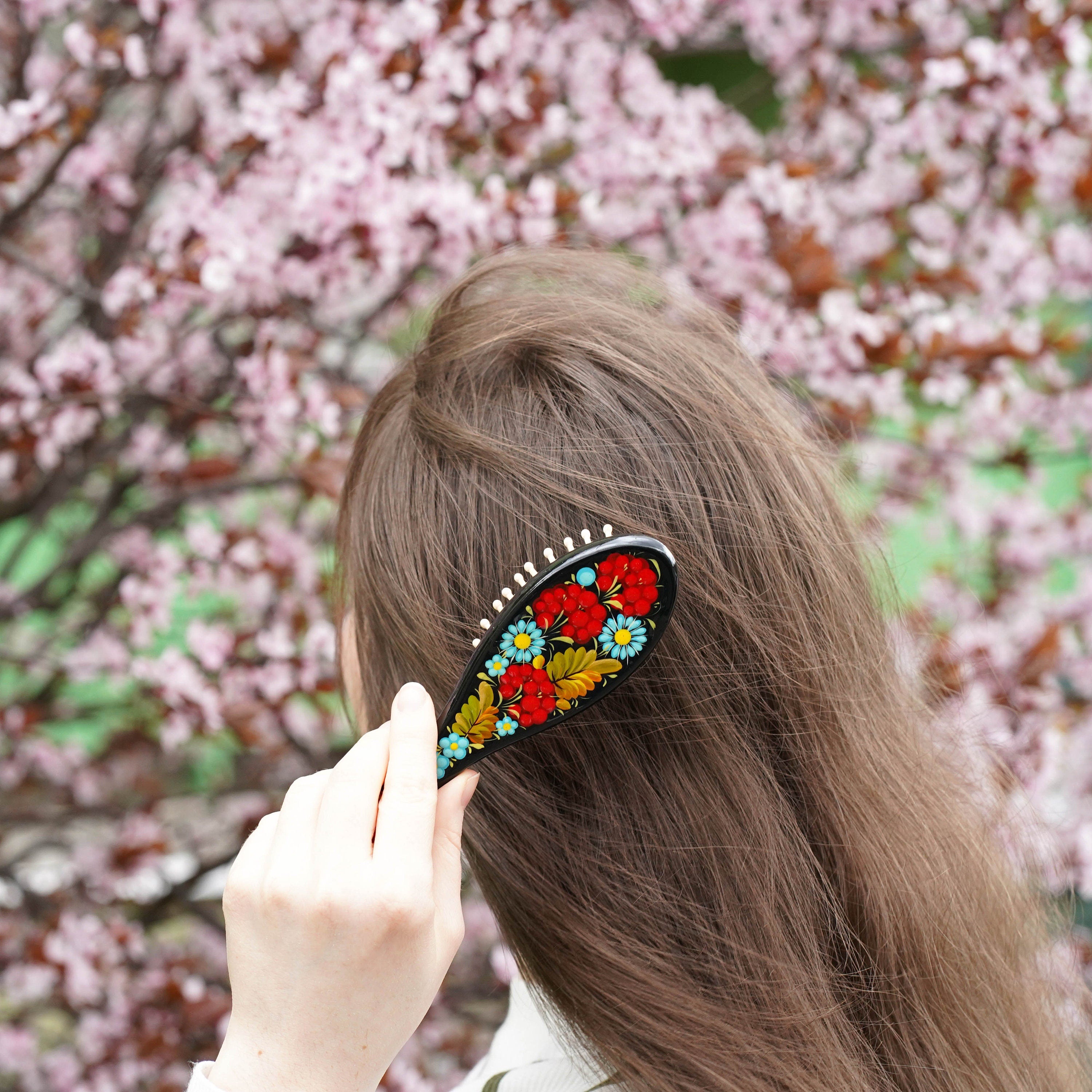 Hand-painted Wooden Strawberry Paddle Hairbrush - Petrykivka Art Flower Hairbrush with Wooden Bristles