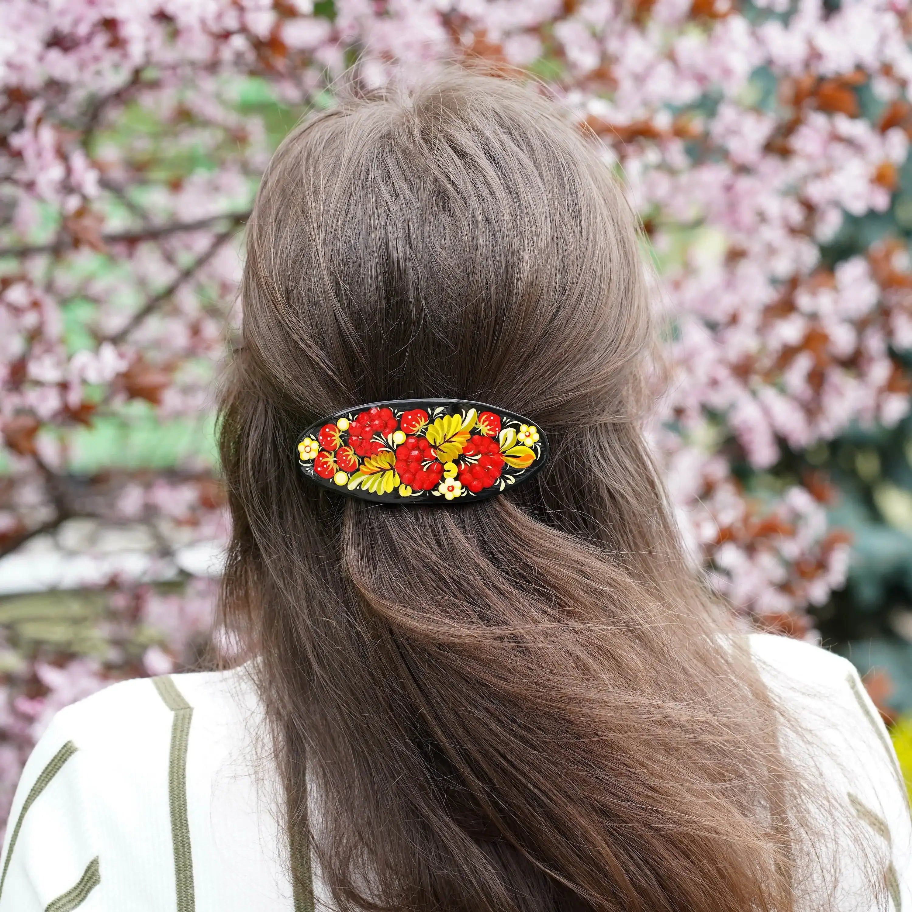 Hand-painted Oval Wooden Hair Barrette - Artisanal Petrykivka Art Red Flower French Hair Clip