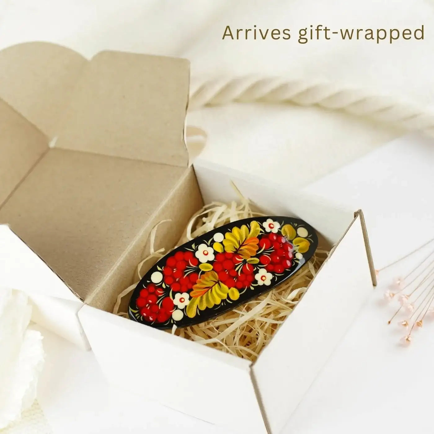 Hand-painted wooden hair barrette - Handmade Ukrainian hair clip, Petrykivka hair barrette for women, Red flower hair jewelry, Half-up clip