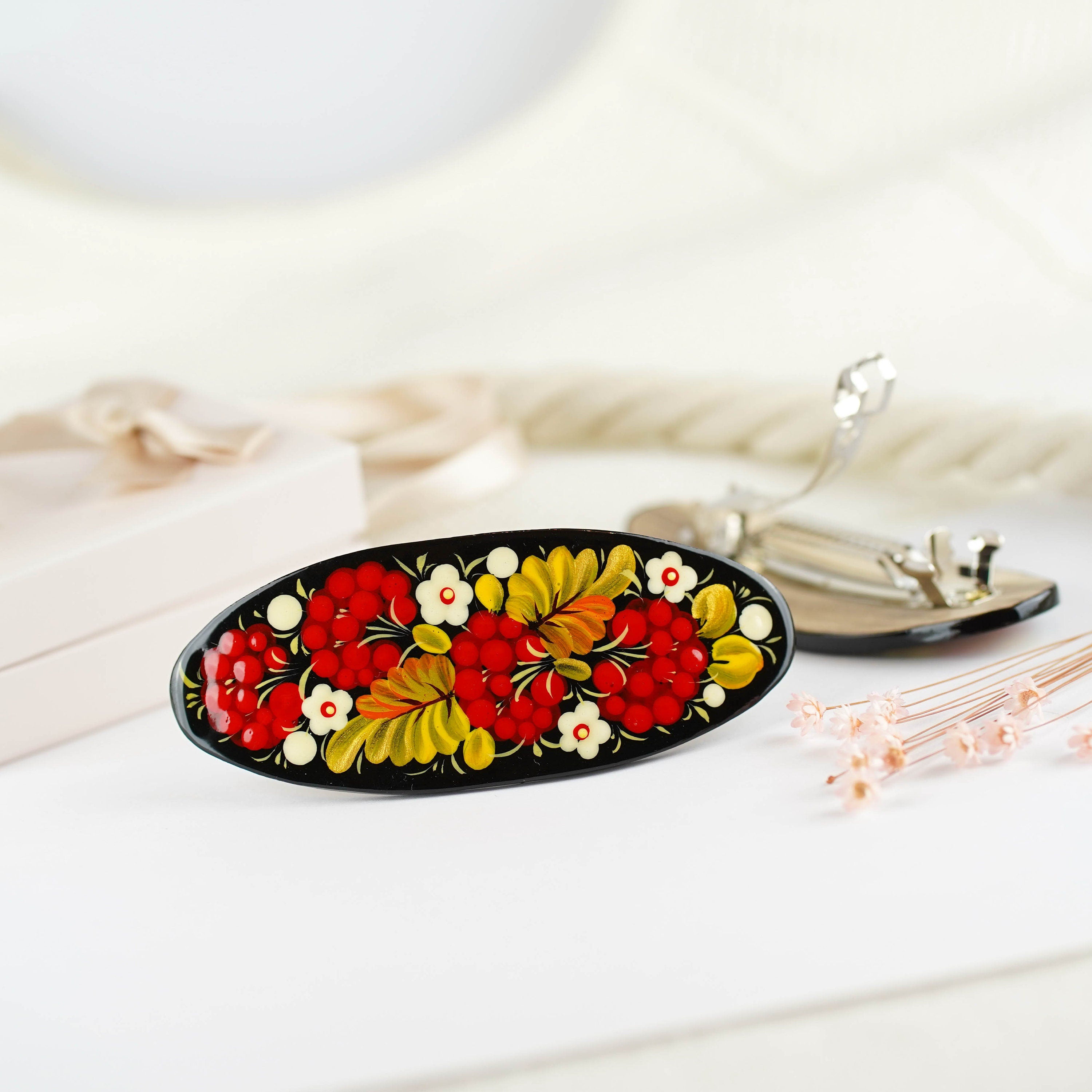 Hand-painted wooden hair barrette - Handmade Ukrainian hair clip, Petrykivka hair barrette for women, Red flower hair jewelry, Half-up clip