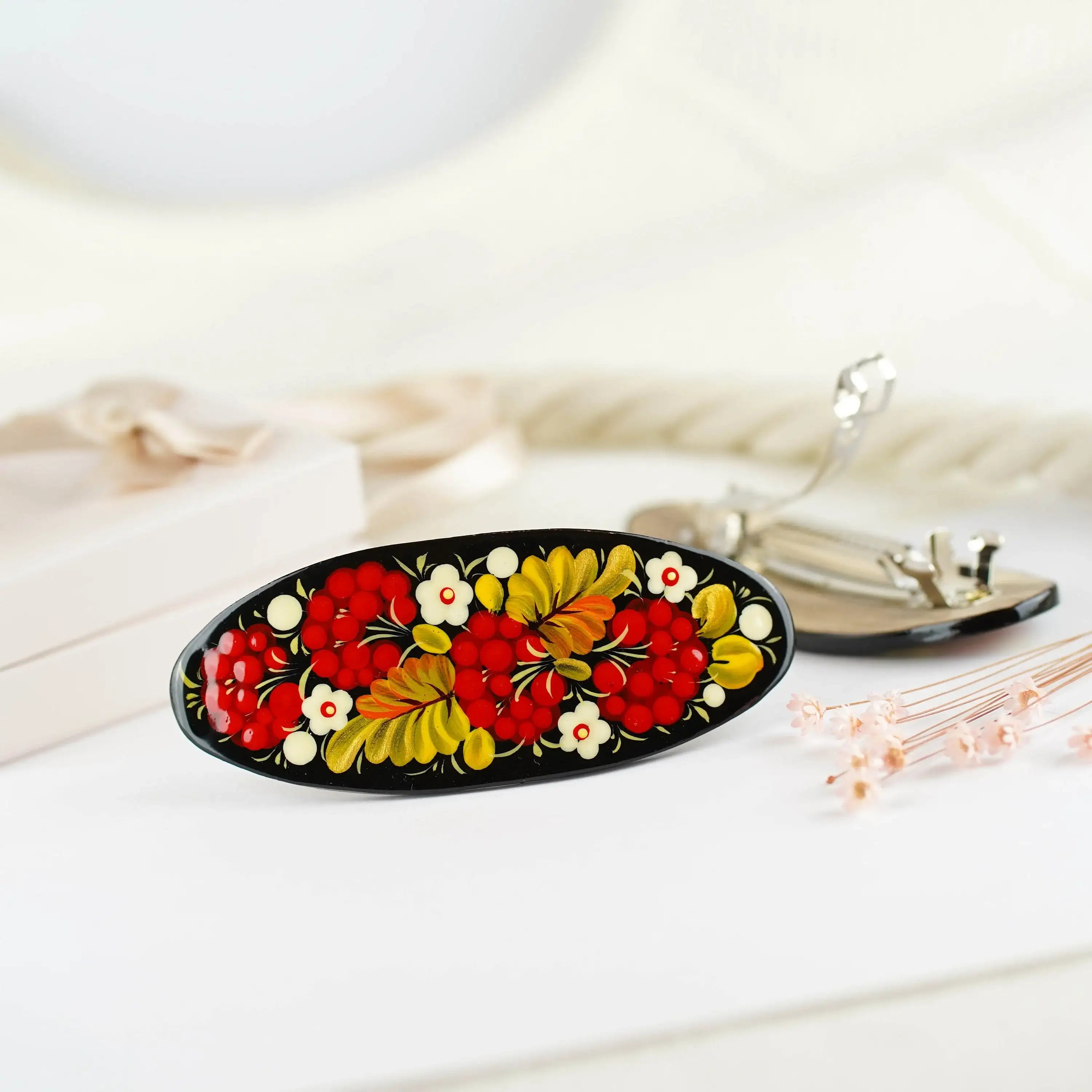 Hand-painted wooden hair barrette - Handmade Ukrainian hair clip, Petrykivka hair barrette for women, Red flower hair jewelry, Half-up clip
