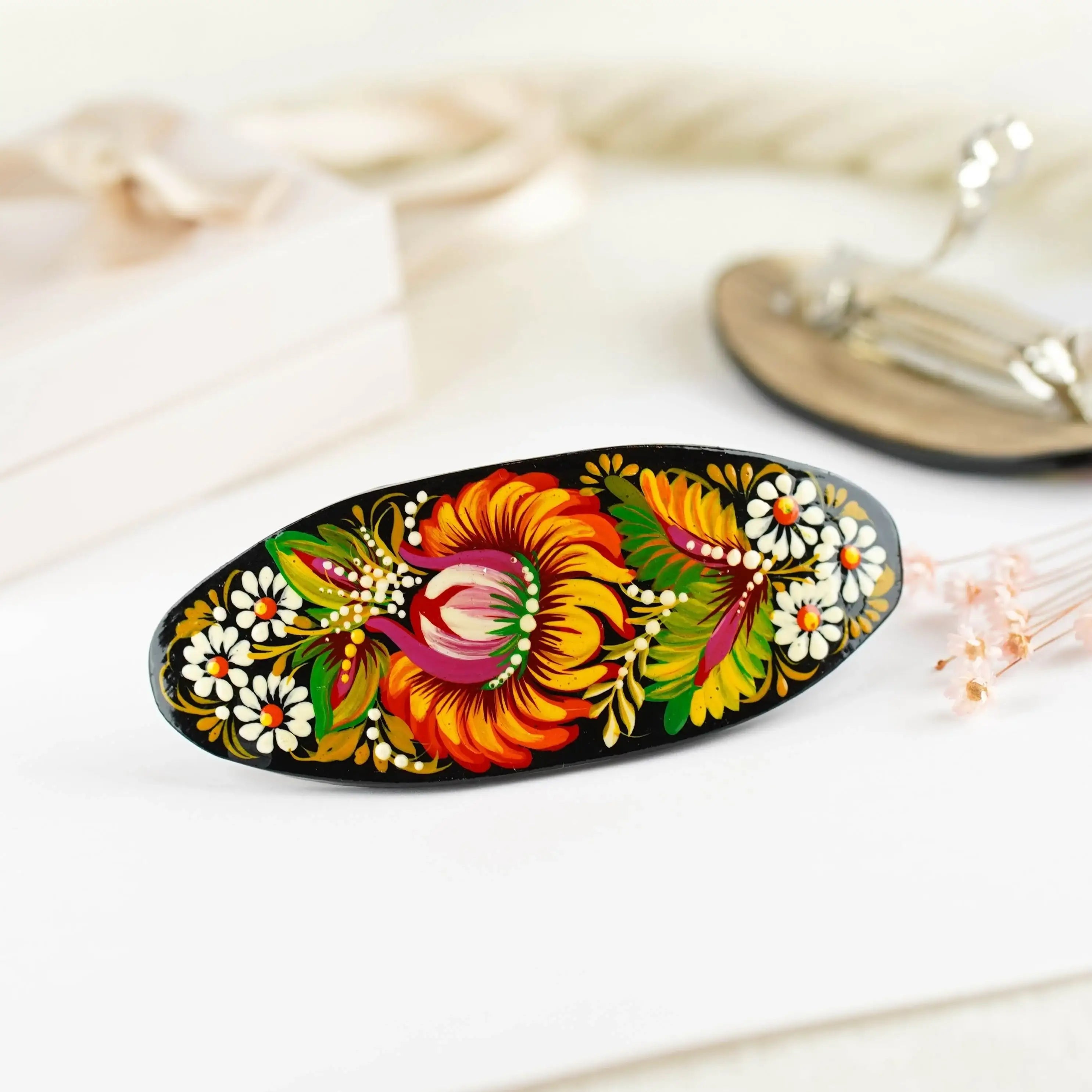 Hand-painted Oval Wooden Hair Barrette - Artisanal Petrykivka Art Orange Flower French Hair Clip