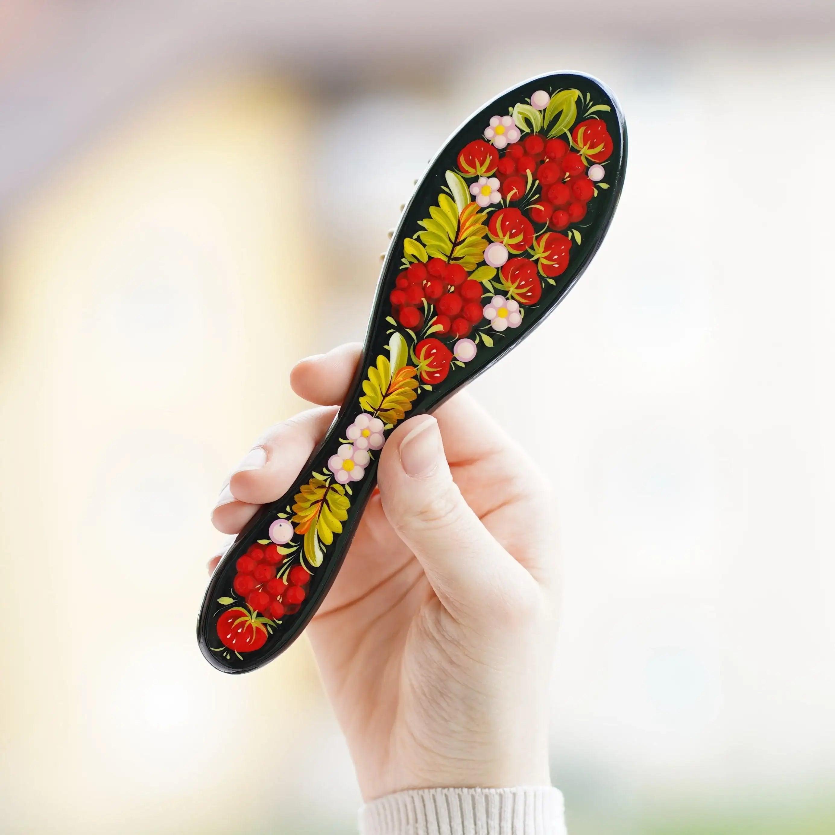 Painted Wooden Massage Paddle Hairbrush - Petrykivka Art Flower Hairbrush with Wooden Bristles