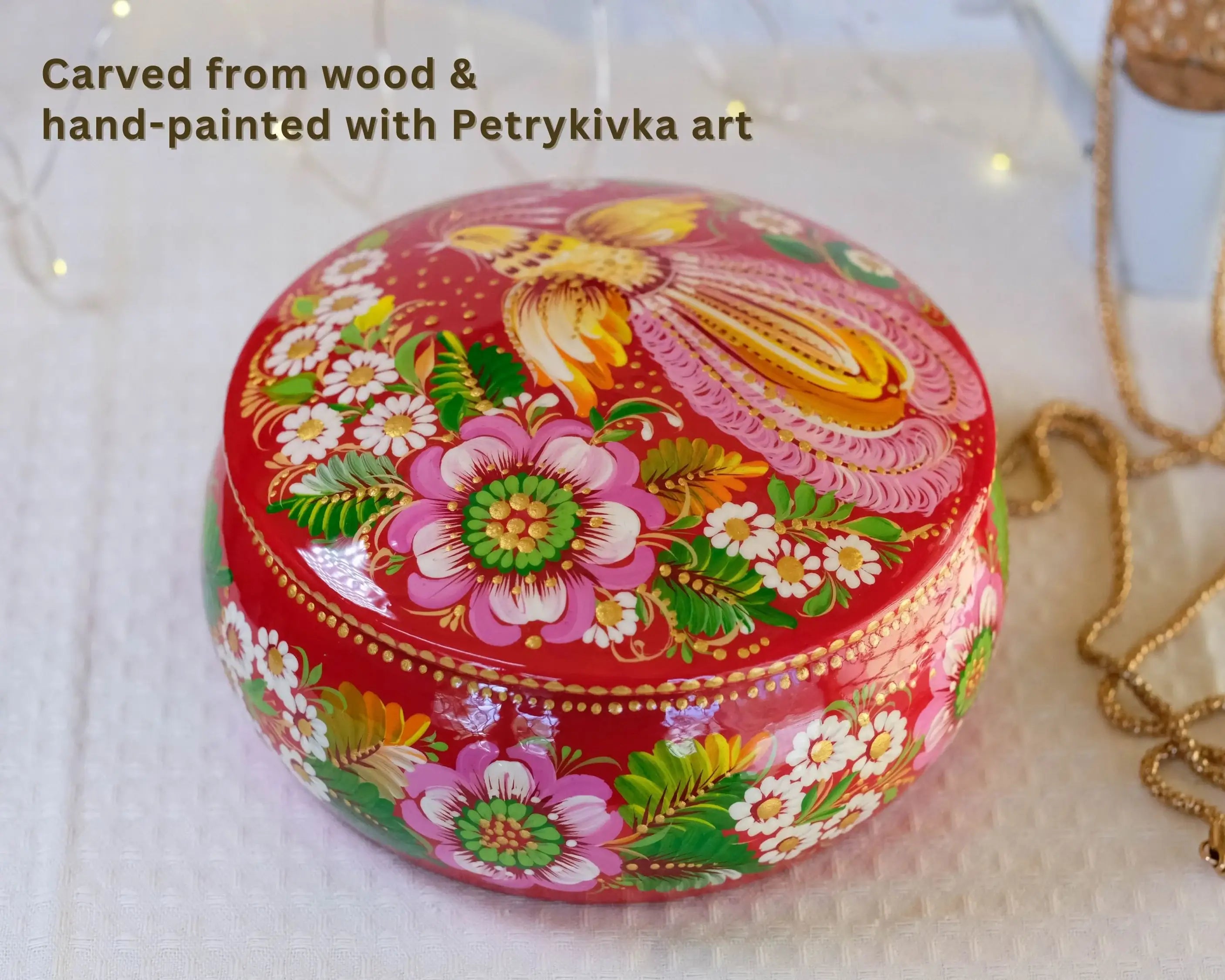 Hand-painted Wooden Jewelry Box - 5.1 in Petrykivka Art, Round Red Flower Trinket Box with Fairy Bird
