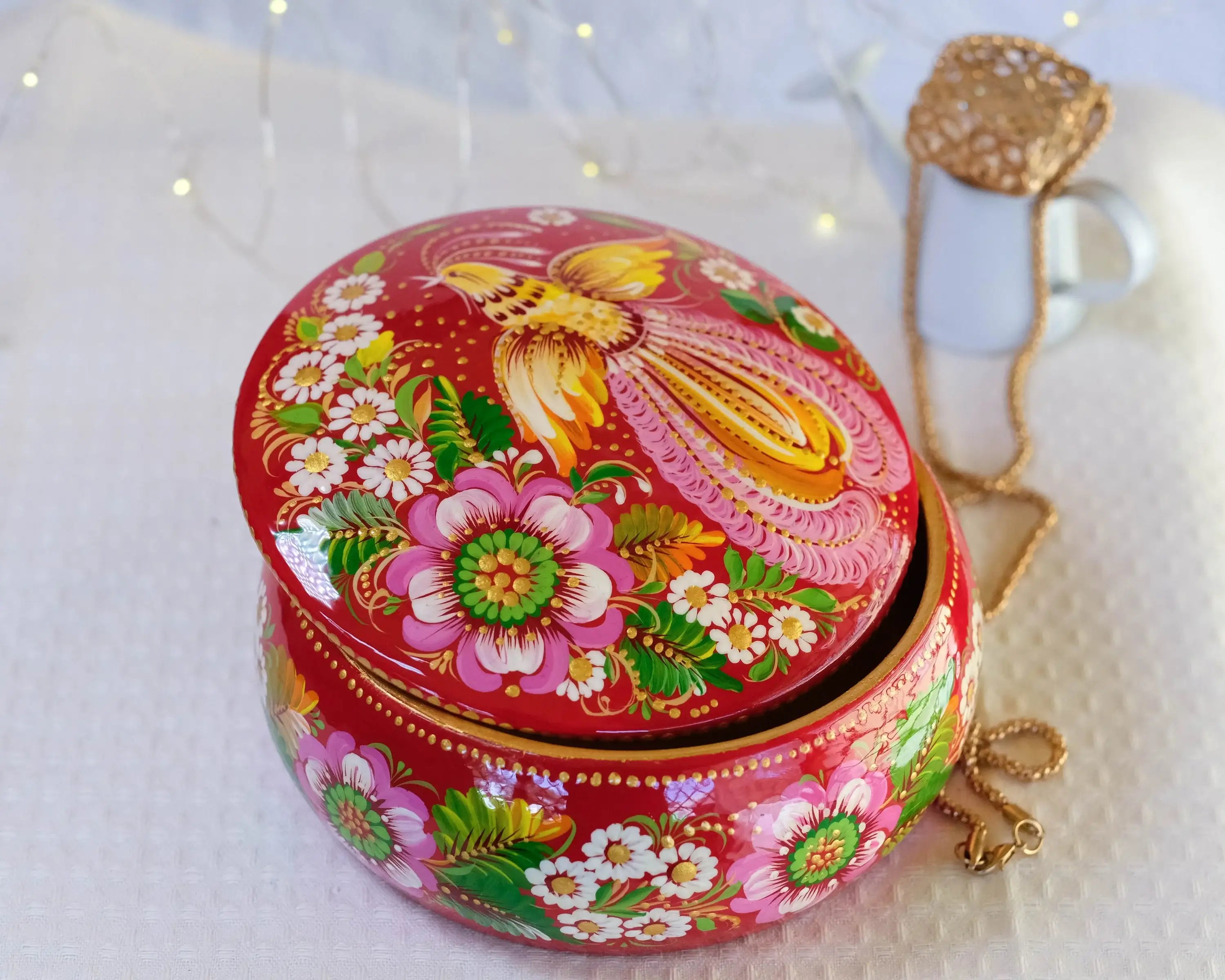 Hand-painted Wooden Jewelry Box - 5.1 in Petrykivka Art, Round Red Flower Trinket Box with Fairy Bird