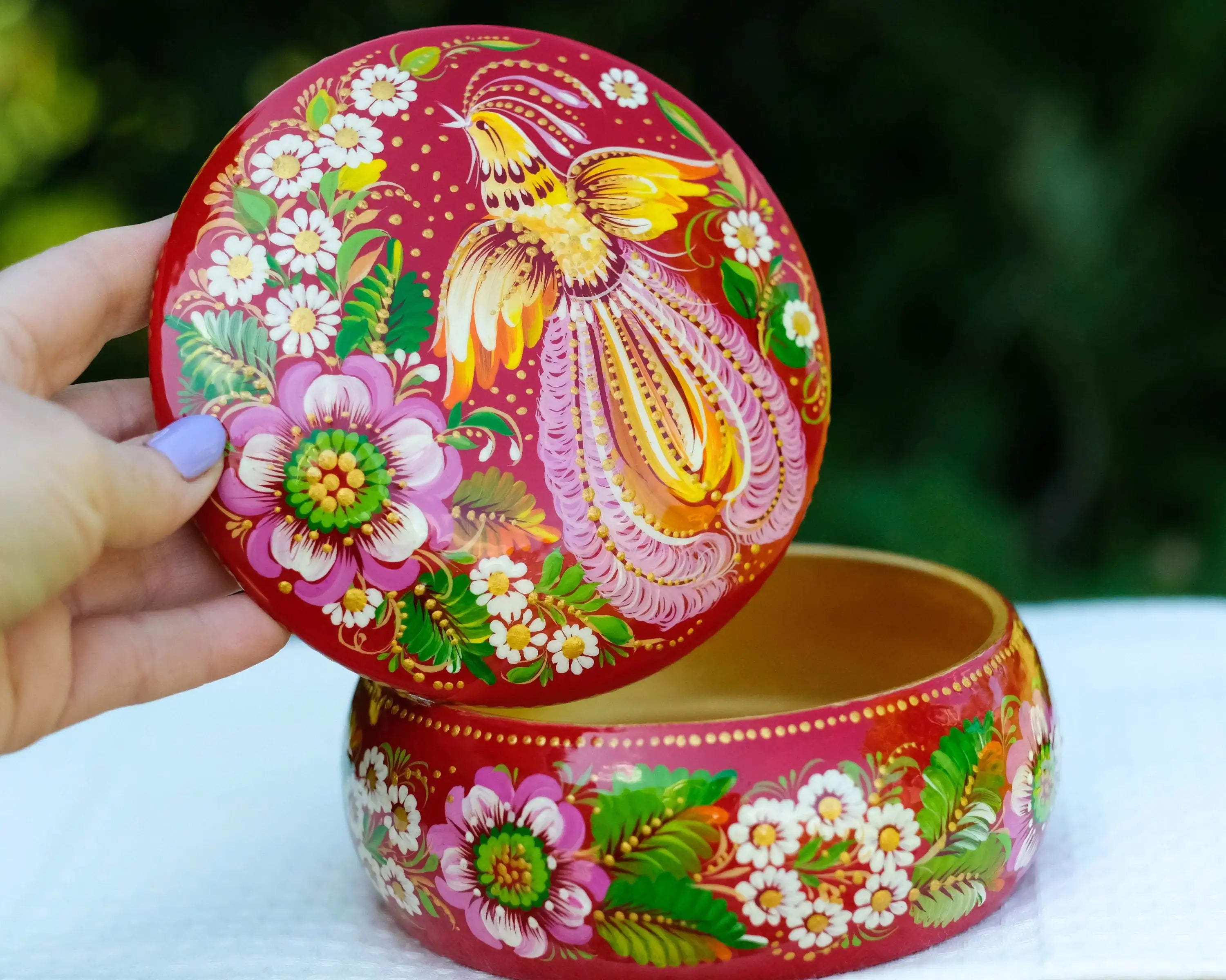 Hand-painted Wooden Jewelry Box - 5.1 in Petrykivka Art, Round Red Flower Trinket Box with Fairy Bird