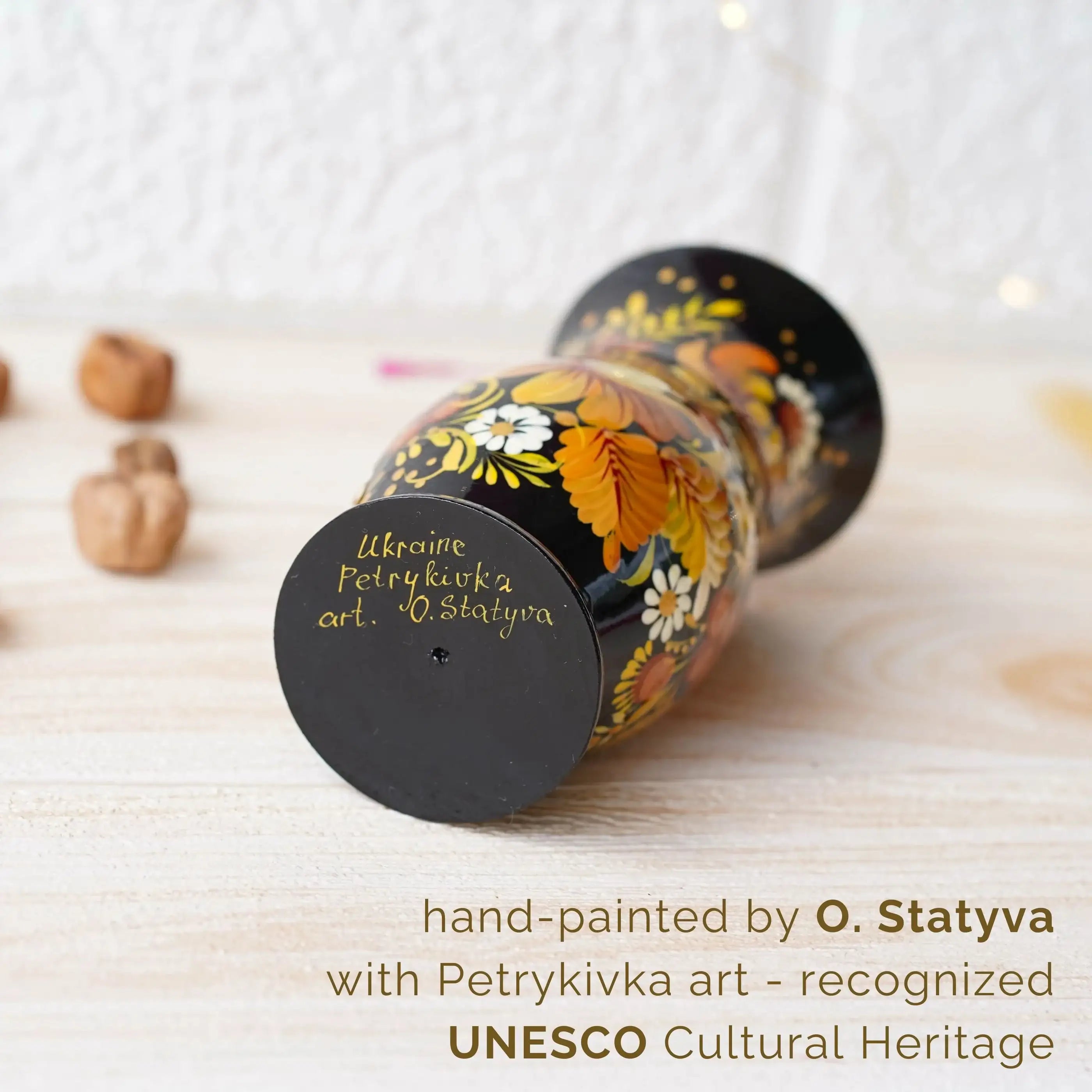 Hand-painted Wooden Vase 4.7 in - Personalized Small Vase for Dried Flowers, Beige Flower Ukrainian Folk Art Petrykivka Vase