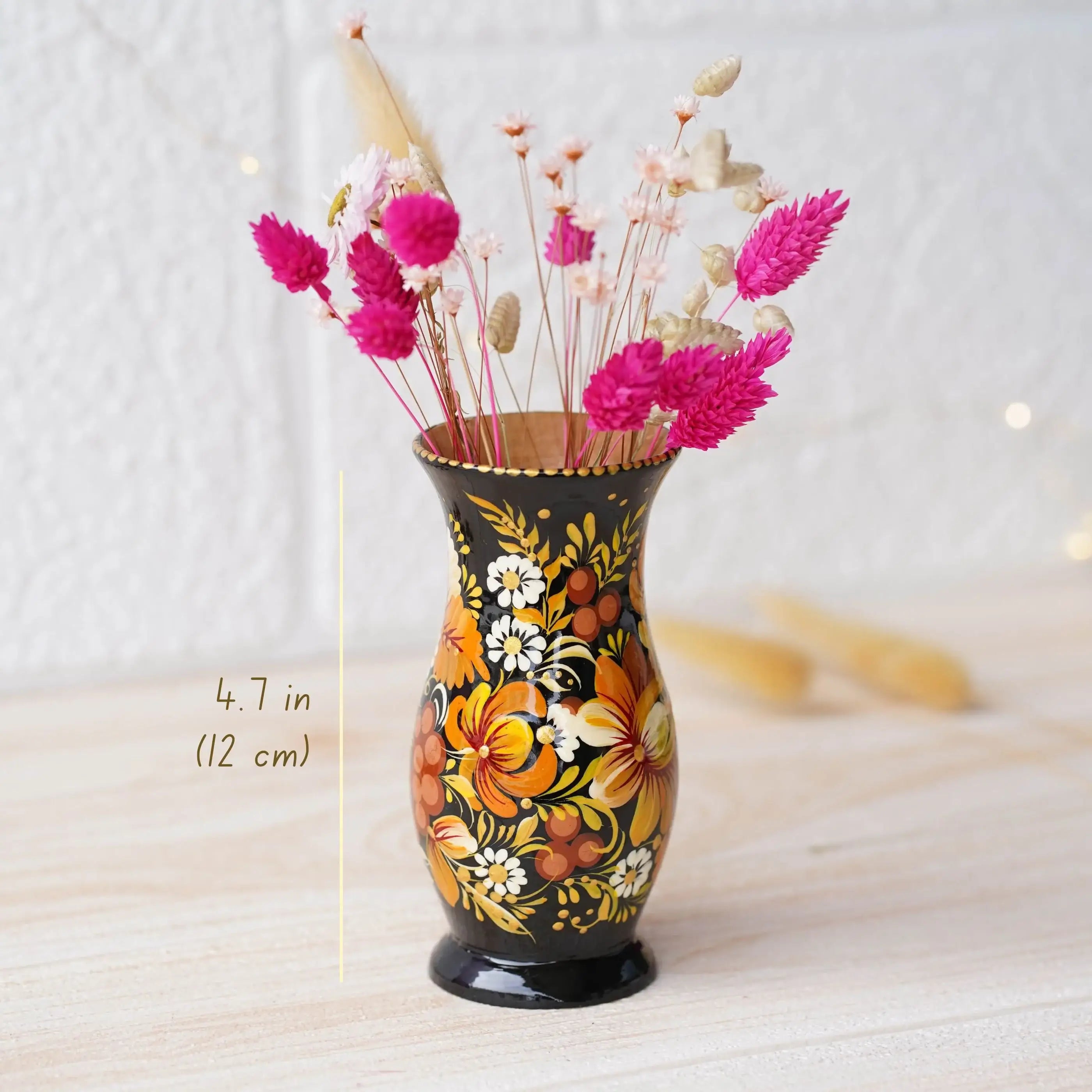 Hand-painted Wooden Vase 4.7 in - Personalized Small Vase for Dried Flowers, Beige Flower Ukrainian Folk Art Petrykivka Vase