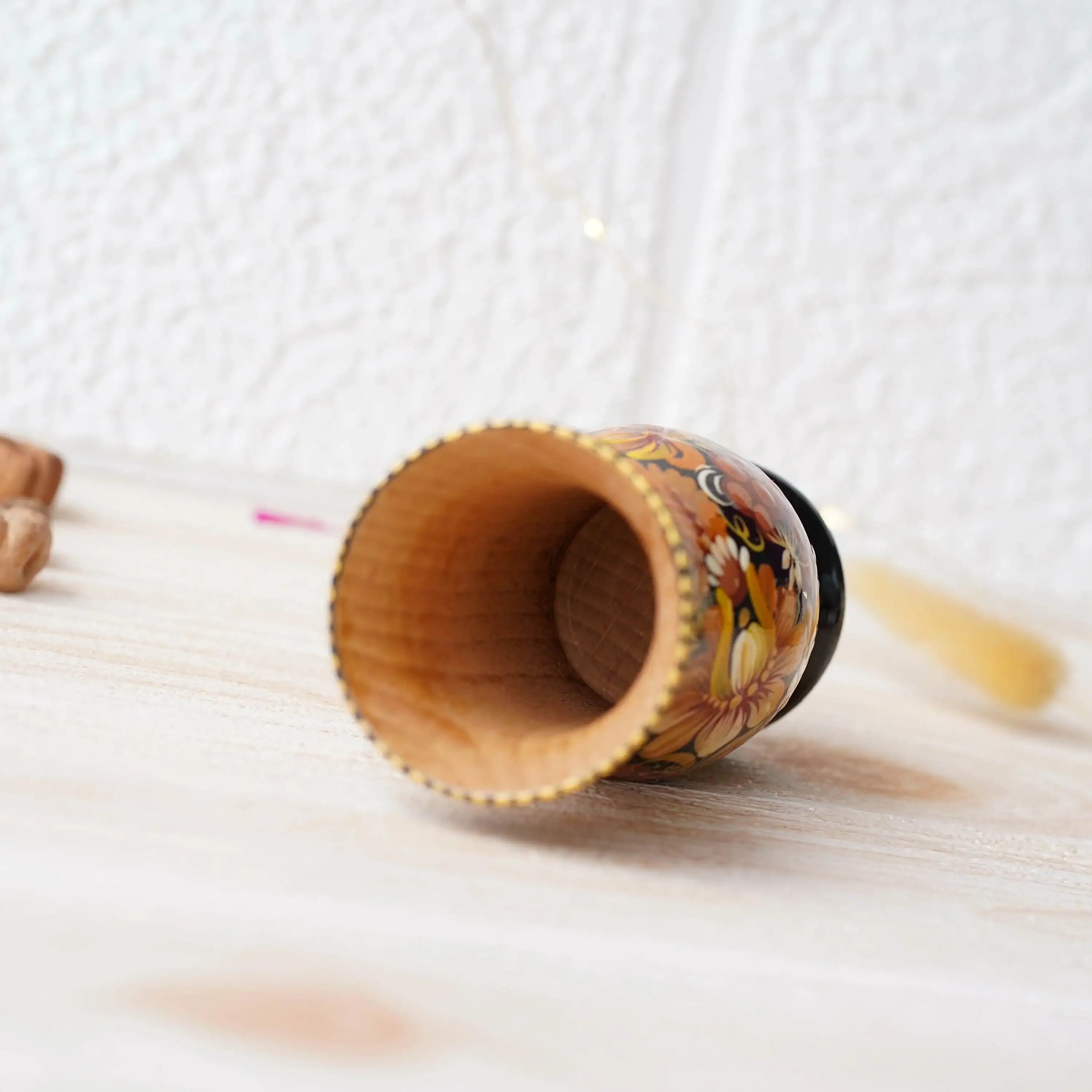 Hand-painted Wooden Vase 4.7 in - Personalized Small Vase for Dried Flowers, Beige Flower Ukrainian Folk Art Petrykivka Vase