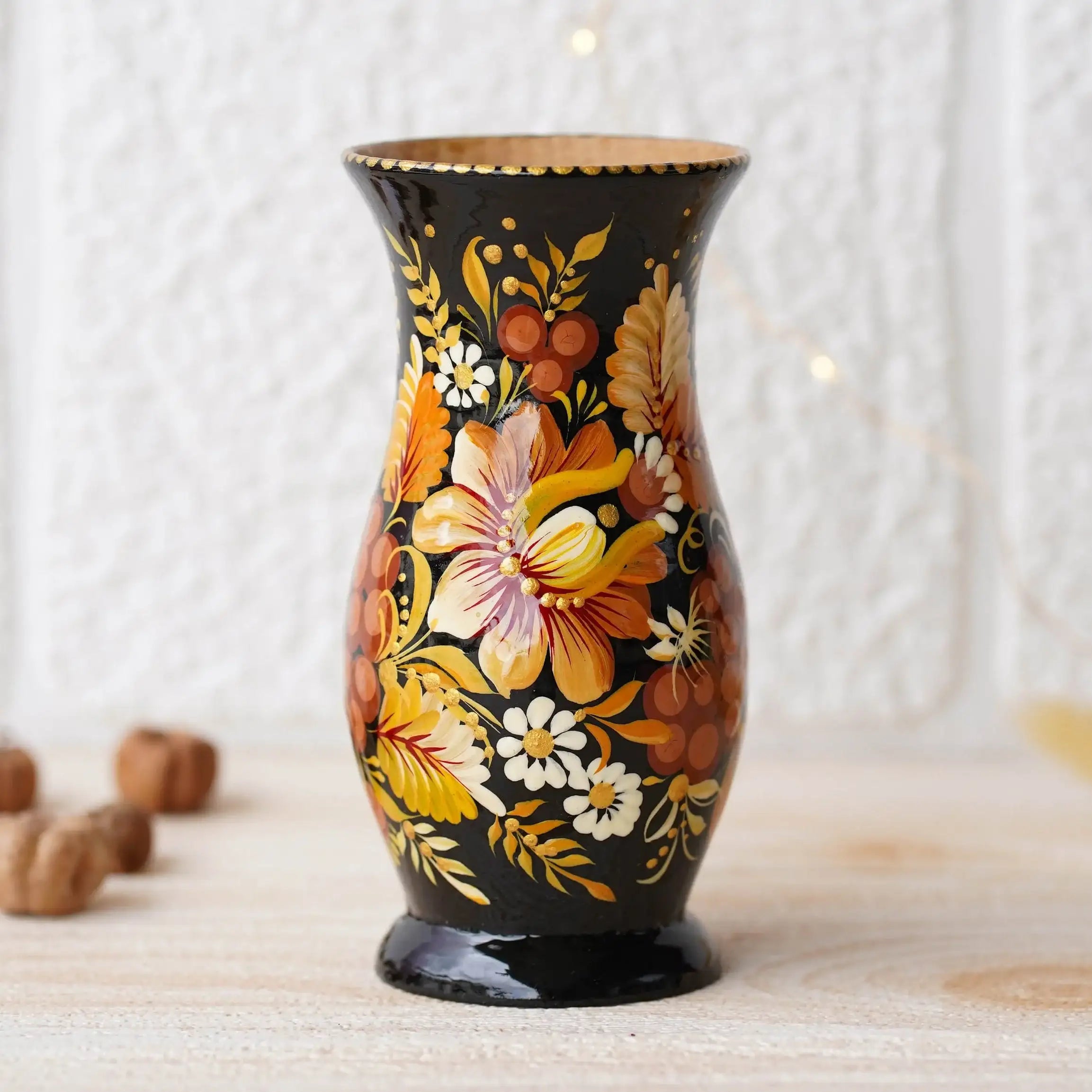 Hand-painted Wooden Vase 4.7 in - Personalized Small Vase for Dried Flowers, Beige Flower Ukrainian Folk Art Petrykivka Vase