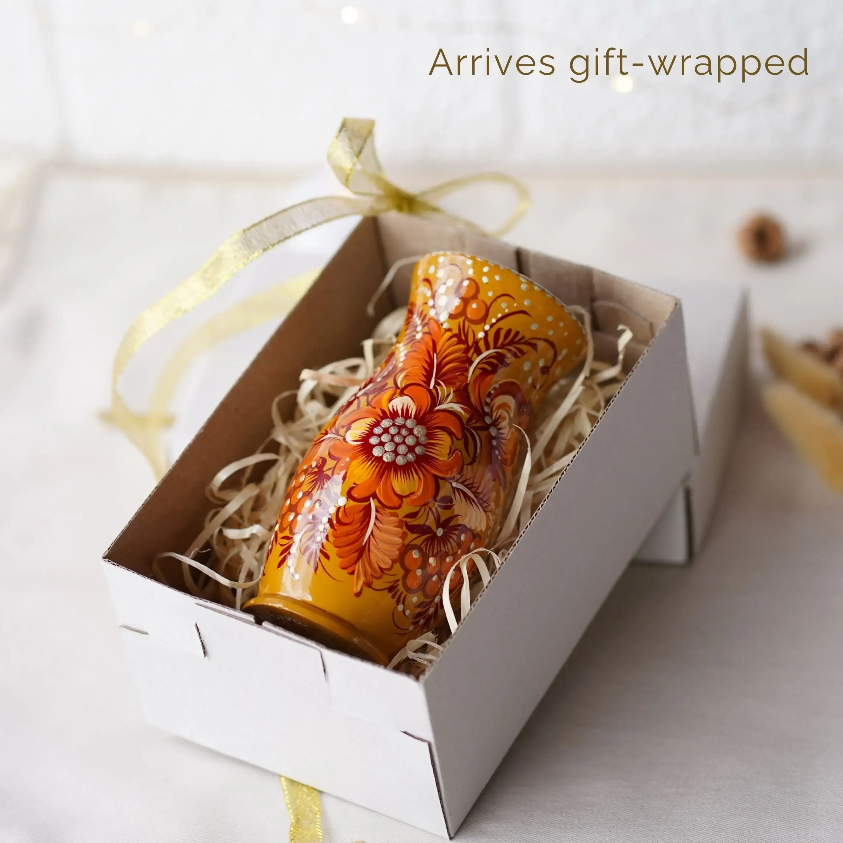 Painted Wooden Vase for Dried Flowers 4.7 in - Small Artisanal Beige Flower Vase, Ukrainian Folk Art Petrykivka