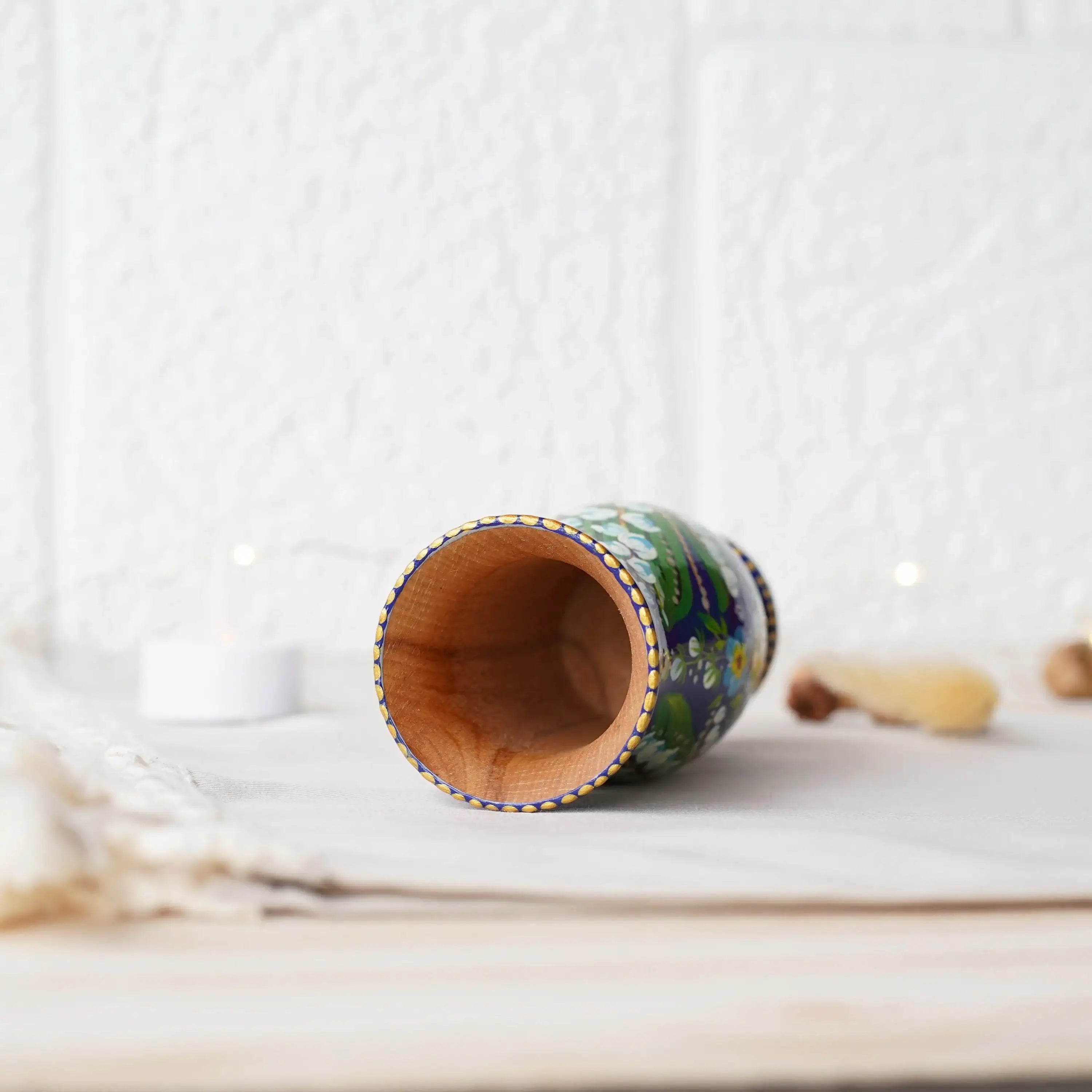 Painted Wooden Vase for Dried Flowers 4.7 in - Small Artisanal Lily of the Valley and Forget-me-not Personalized Vase, Blue