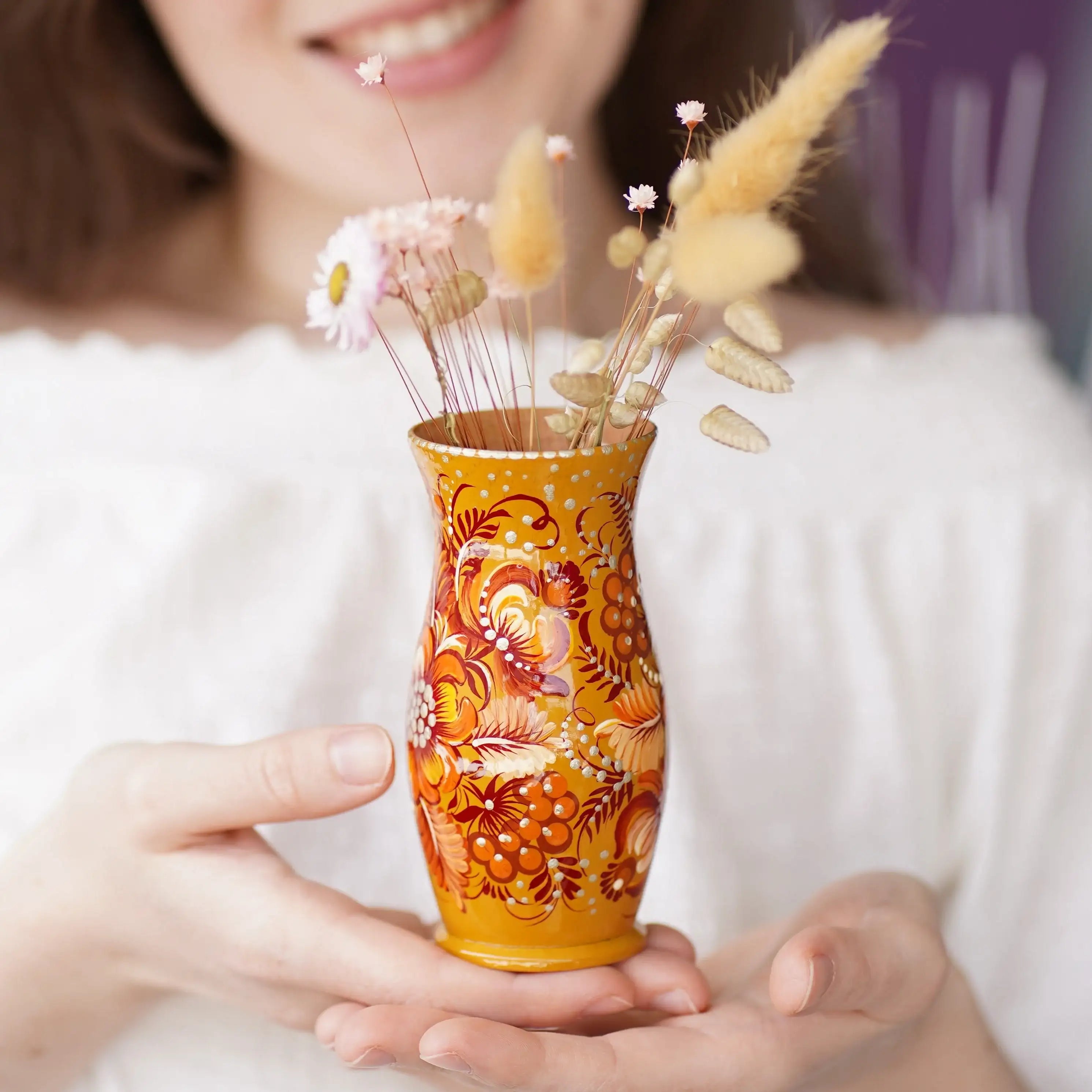 Painted Wooden Vase for Dried Flowers 4.7 in - Small Artisanal Beige Flower Vase, Ukrainian Folk Art Petrykivka