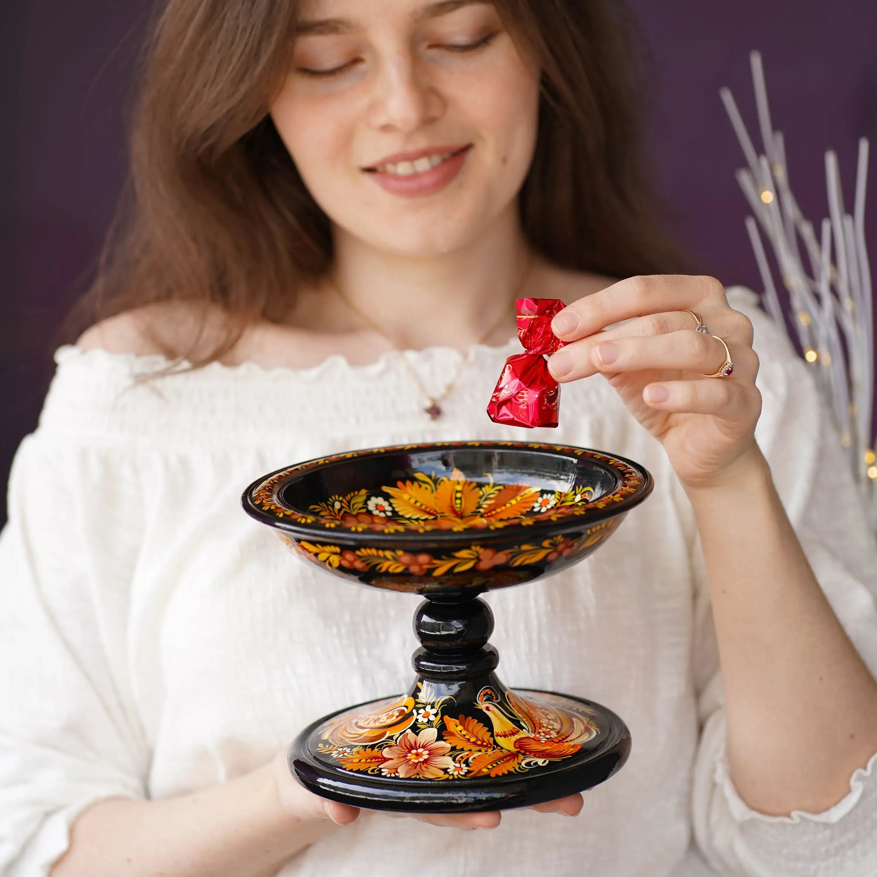 Painted Wooden Pedestal Bowl - Handmade Orange Fairy Bird Multifunctional Decorative Bowl for Candies, Keys, Jewelry, Décor, Petrykivka Art