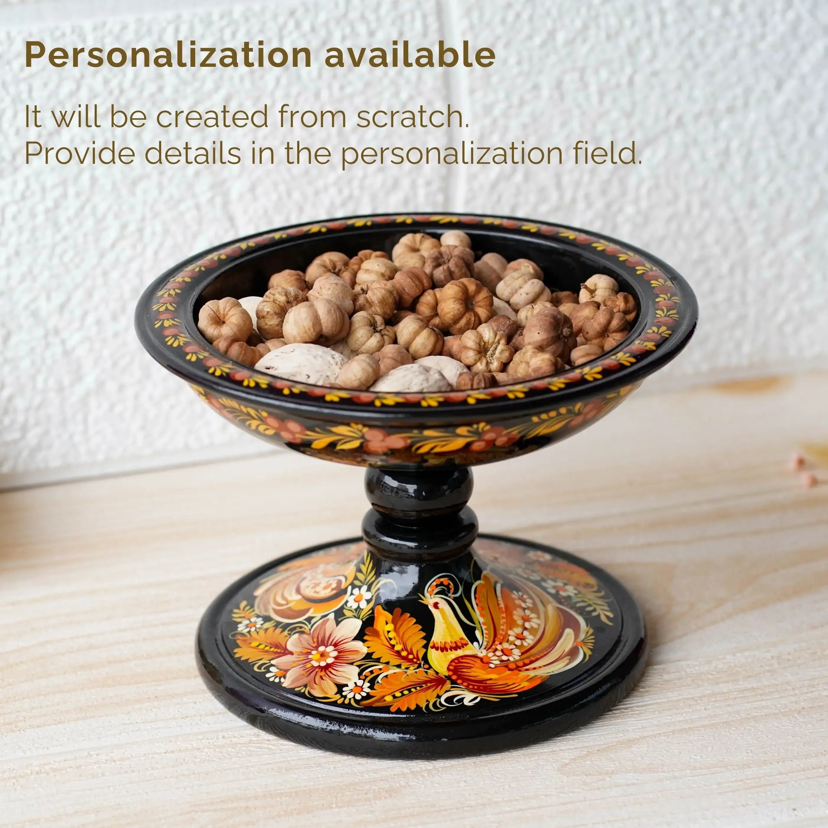 Painted Wooden Pedestal Bowl - Handmade Orange Fairy Bird Multifunctional Decorative Bowl for Candies, Keys, Jewelry, Décor, Petrykivka Art