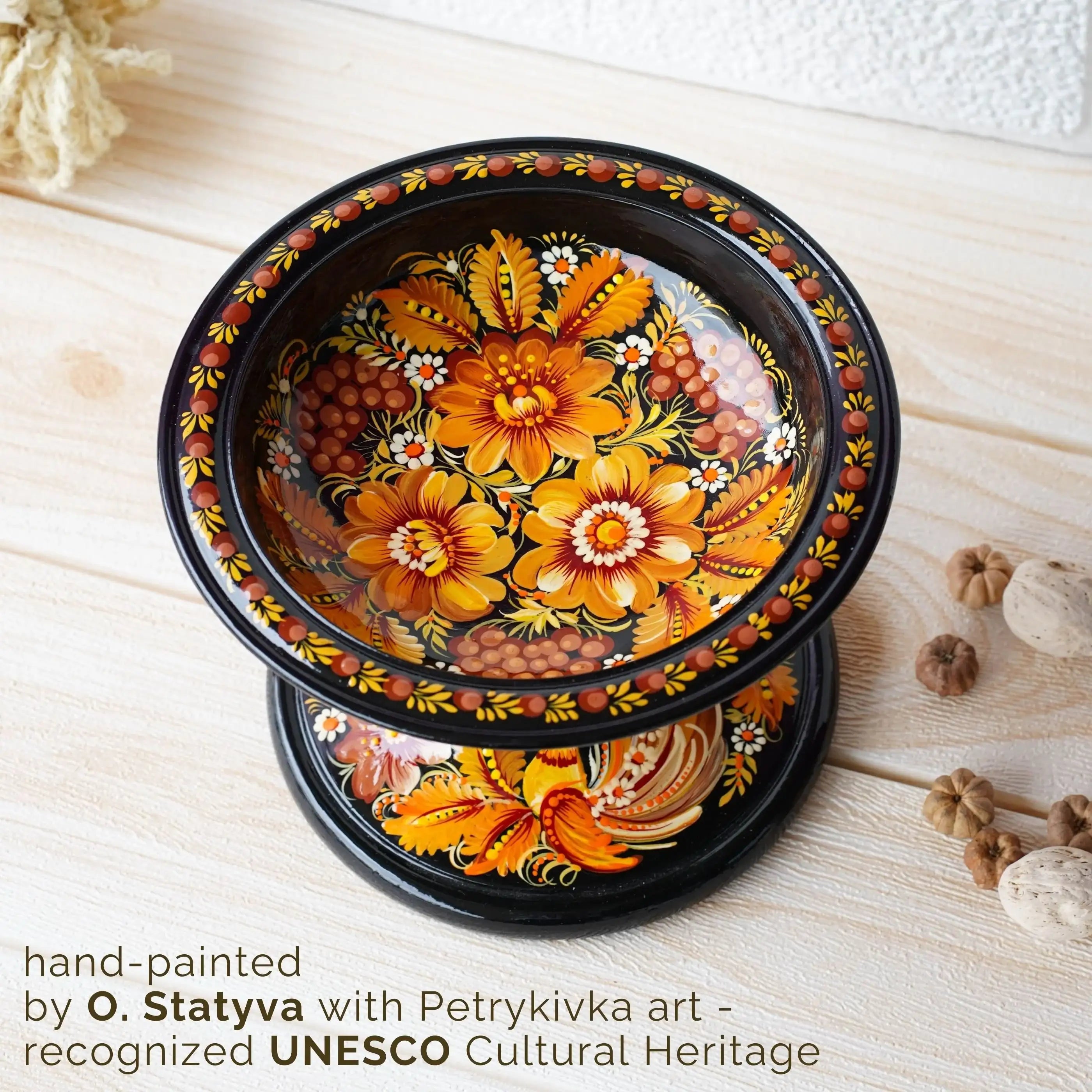 Painted Wooden Pedestal Bowl - Handmade Orange Fairy Bird Multifunctional Decorative Bowl for Candies, Keys, Jewelry, Décor, Petrykivka Art