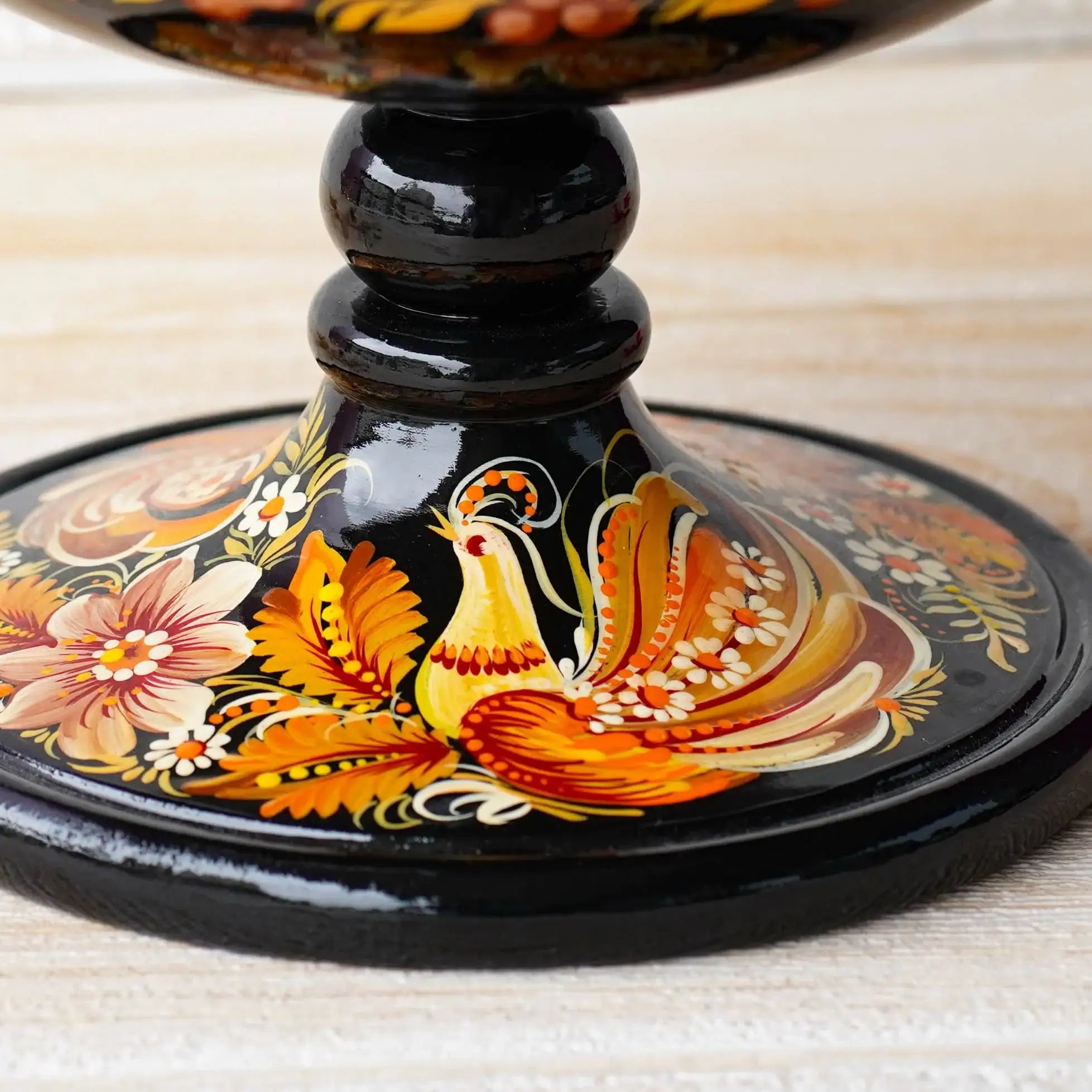 Painted Wooden Pedestal Bowl - Handmade Orange Fairy Bird Multifunctional Decorative Bowl for Candies, Keys, Jewelry, Décor, Petrykivka Art