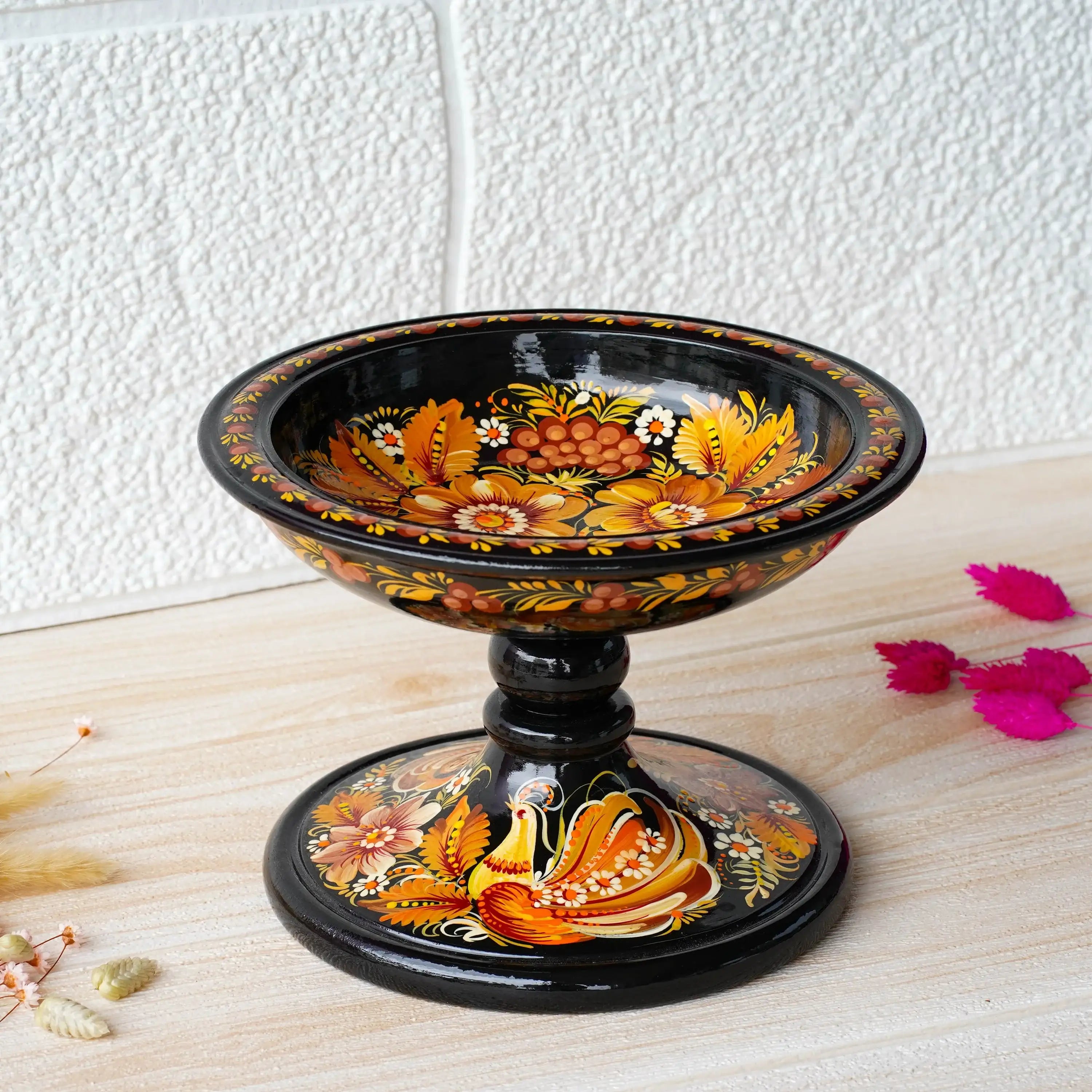 Painted Wooden Pedestal Bowl - Handmade Orange Fairy Bird Multifunctional Decorative Bowl for Candies, Keys, Jewelry, Décor, Petrykivka Art