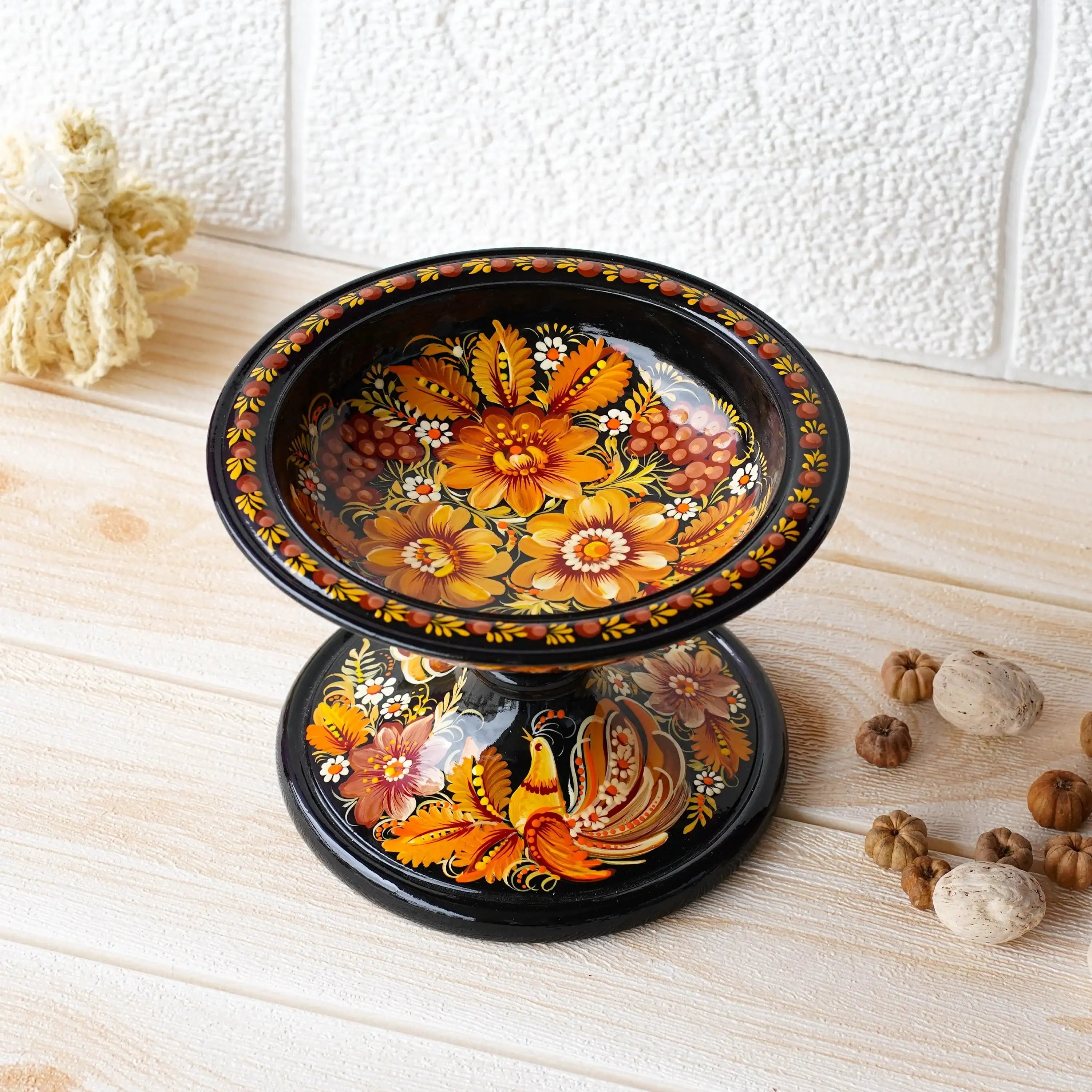Painted Wooden Pedestal Bowl - Handmade Orange Fairy Bird Multifunctional Decorative Bowl for Candies, Keys, Jewelry, Décor, Petrykivka Art