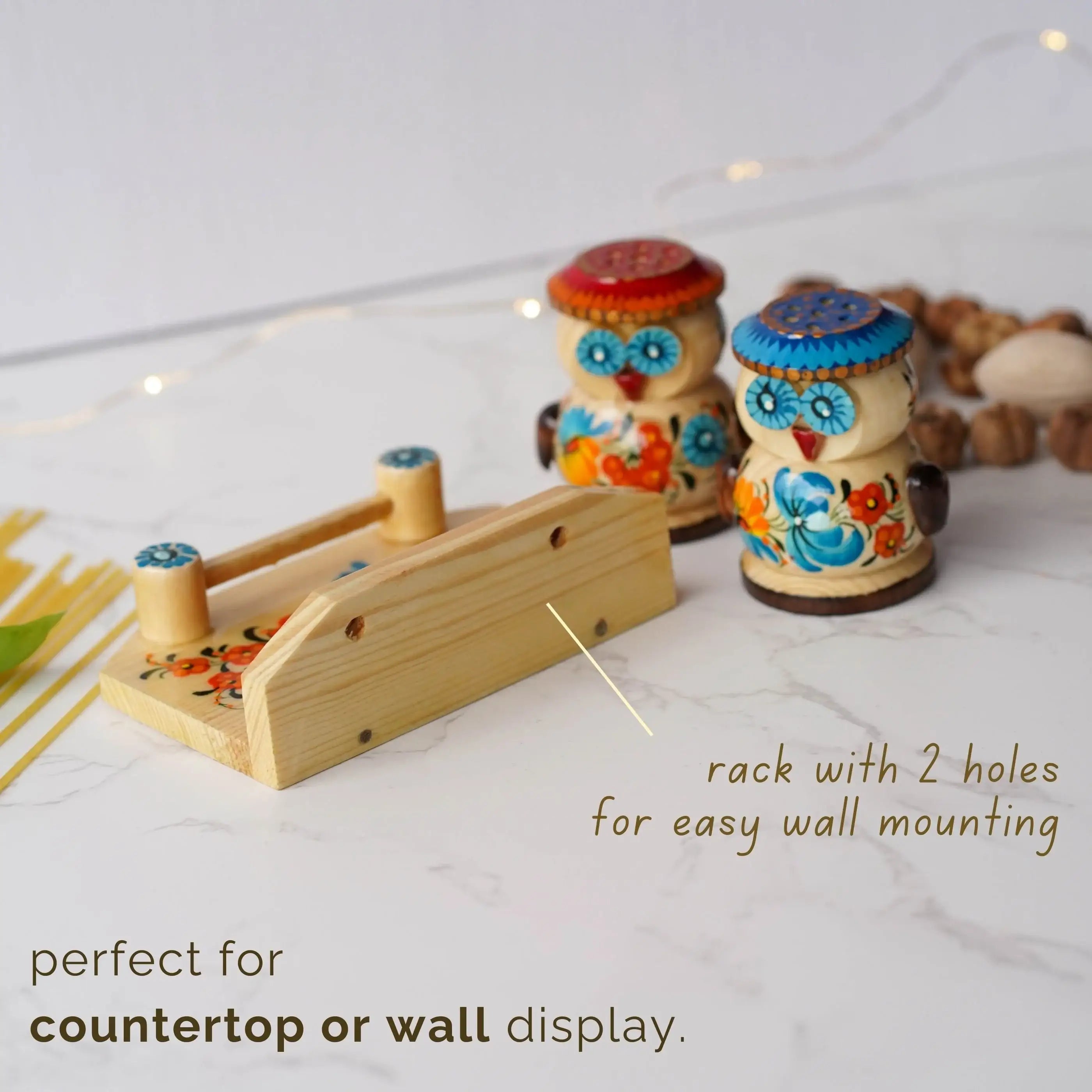 Wooden Salt & Pepper Shakers on Stand Set - Hand-painted Owl-Shaped Shakers with Petrykivka Art - Wall/Countertop Rack, Tight-Seal Lids