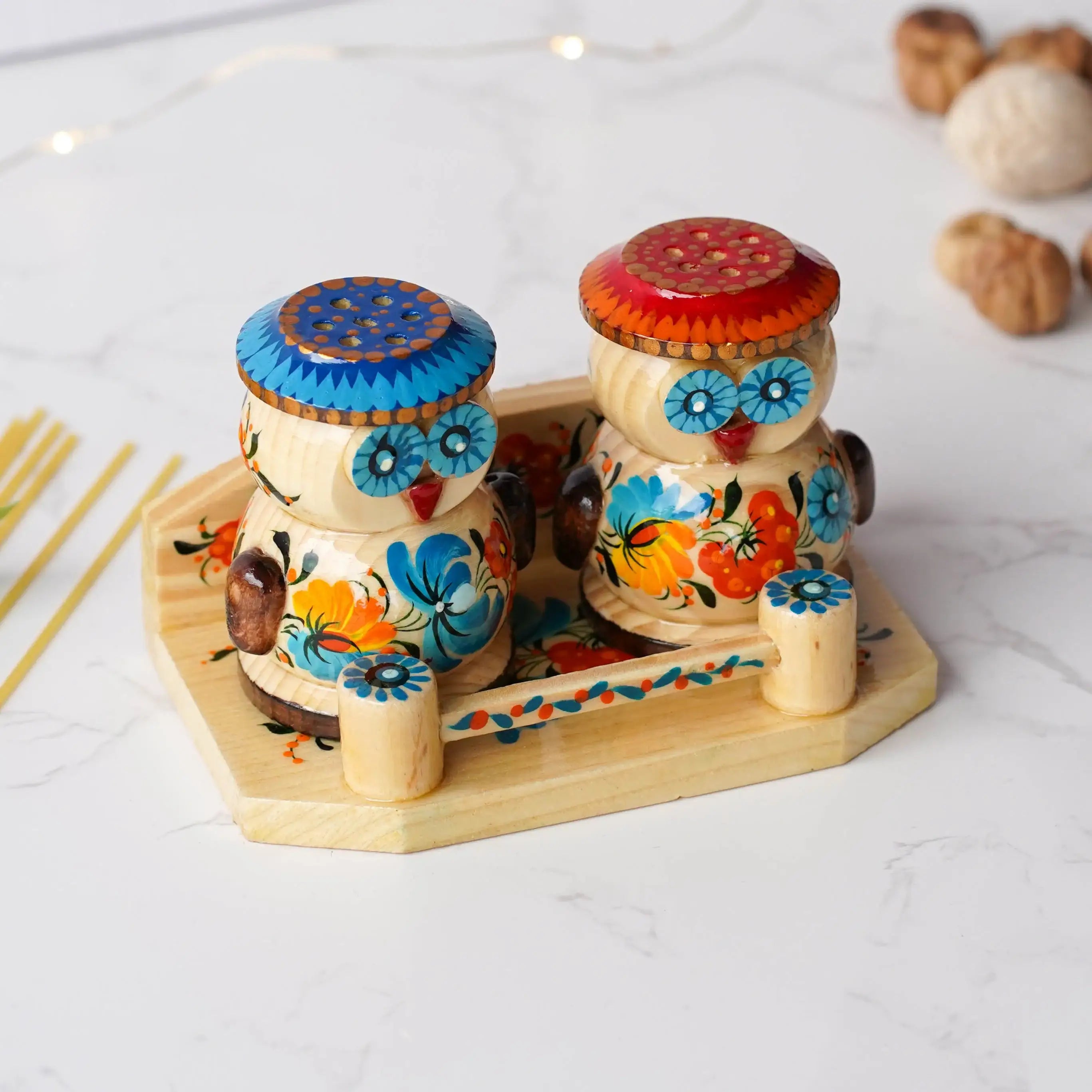 Wooden Salt & Pepper Shakers on Stand Set - Hand-painted Owl-Shaped Shakers with Petrykivka Art - Wall/Countertop Rack, Tight-Seal Lids