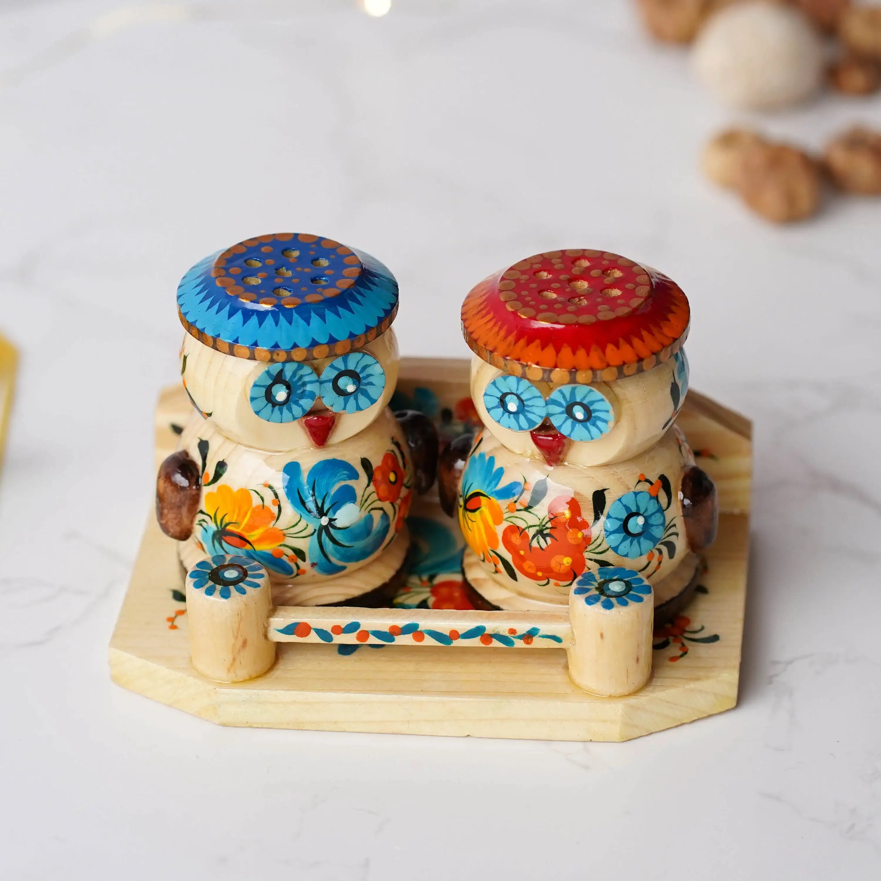 Wooden Salt & Pepper Shakers on Stand Set - Hand-painted Owl-Shaped Shakers with Petrykivka Art - Wall/Countertop Rack, Tight-Seal Lids