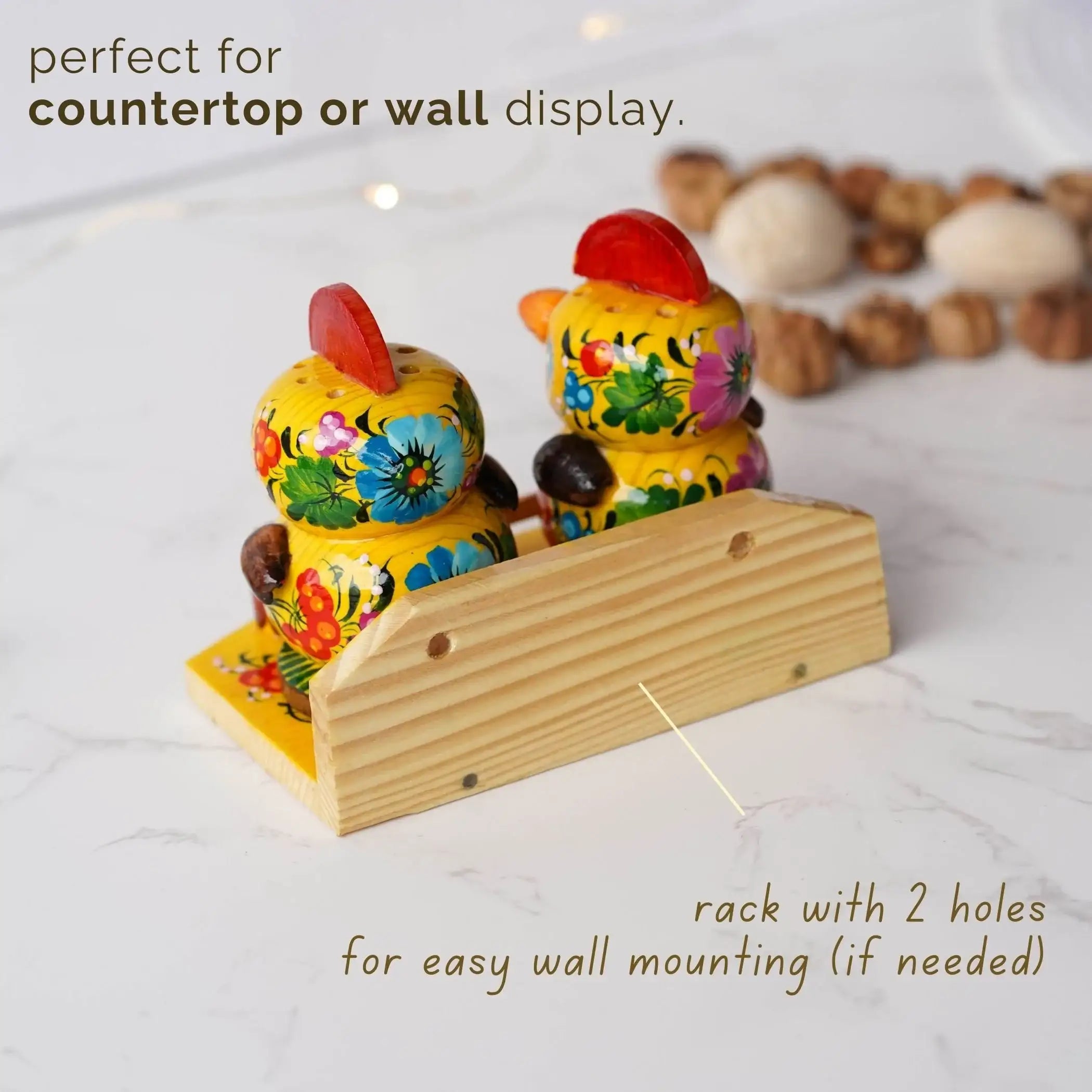 Painted Wooden Salt & Pepper Shakers on Stand Set, Ukrainian Chicks Shakers with Petrykivka Art - Wall/Countertop Rack, Tight-Seal Lids