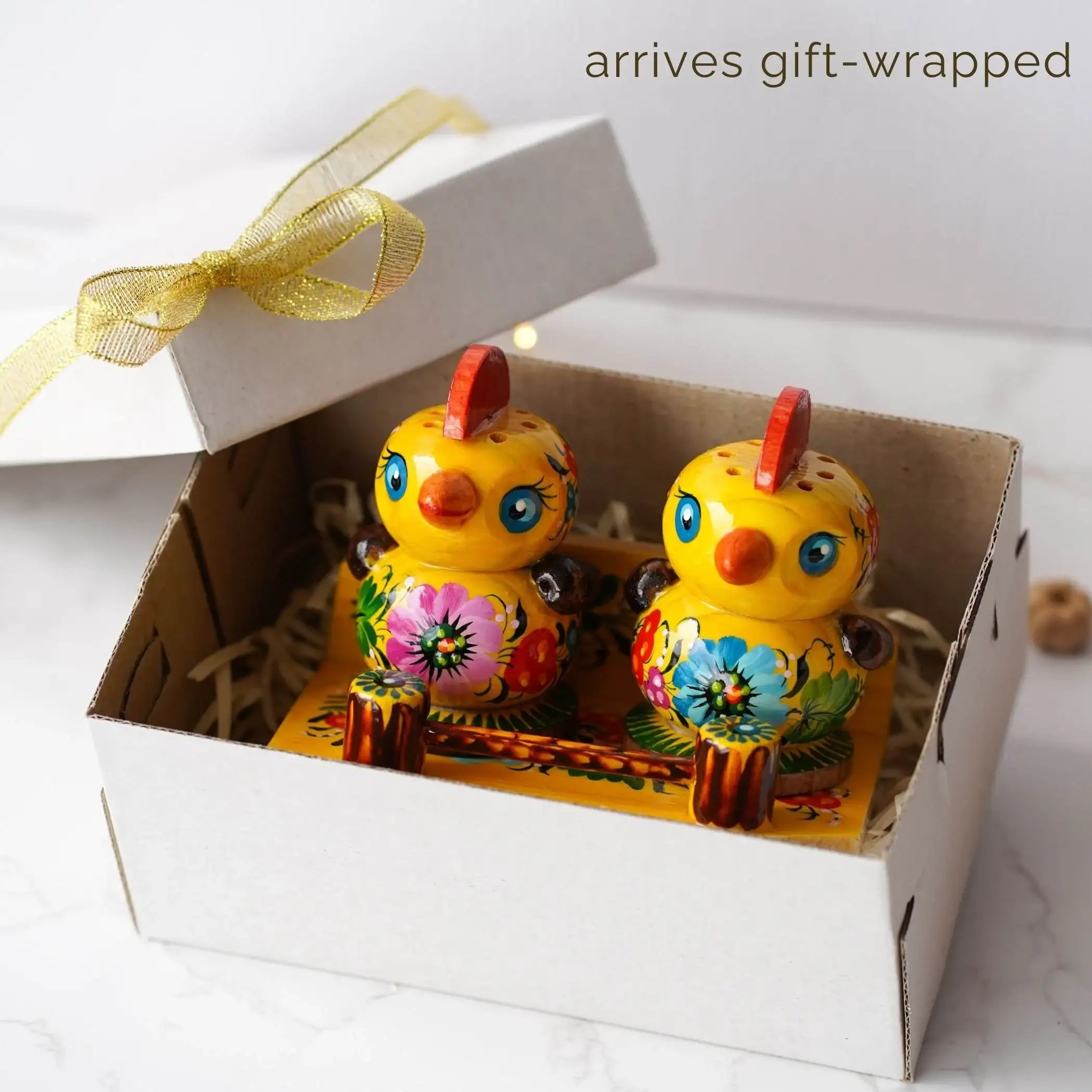 Painted Wooden Salt & Pepper Shakers on Stand Set, Ukrainian Chicks Shakers with Petrykivka Art - Wall/Countertop Rack, Tight-Seal Lids