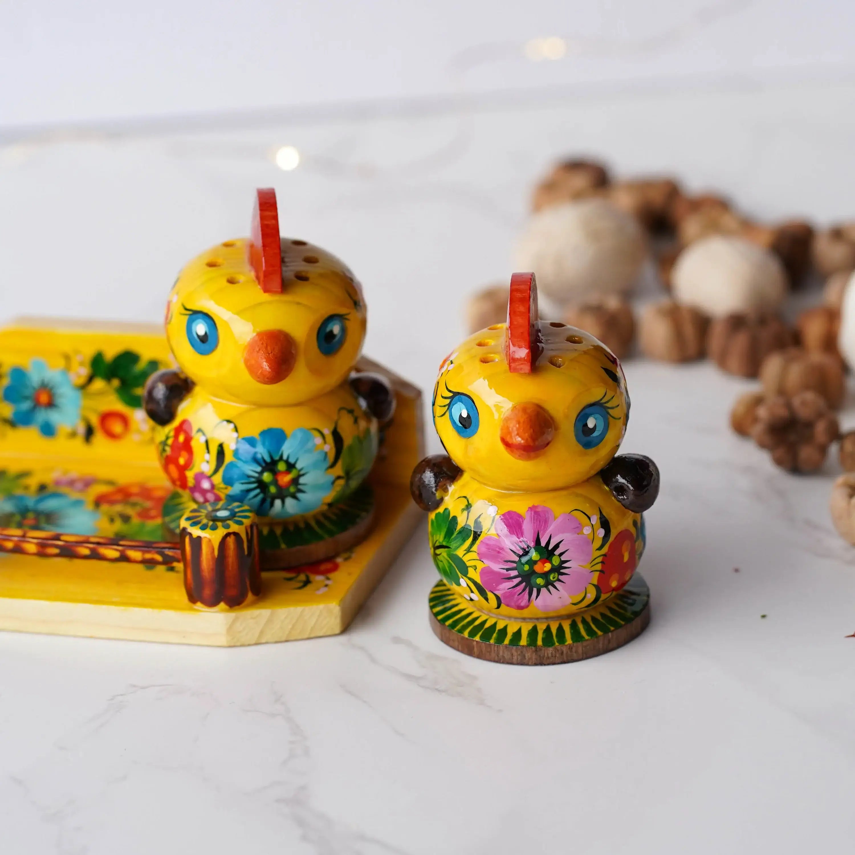 Painted Wooden Salt & Pepper Shakers on Stand Set, Ukrainian Chicks Shakers with Petrykivka Art - Wall/Countertop Rack, Tight-Seal Lids