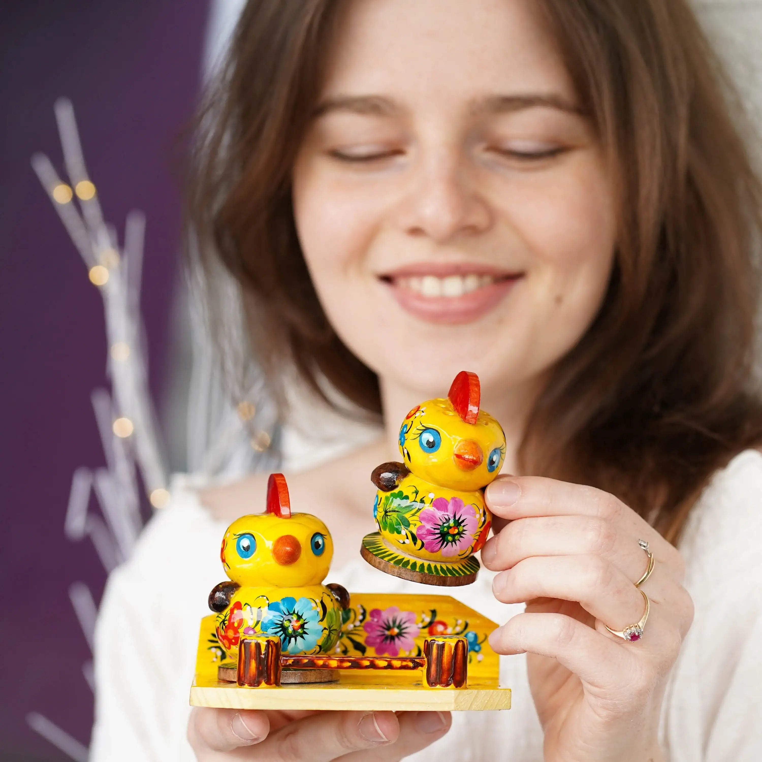 Painted Wooden Salt & Pepper Shakers on Stand Set, Ukrainian Chicks Shakers with Petrykivka Art - Wall/Countertop Rack, Tight-Seal Lids