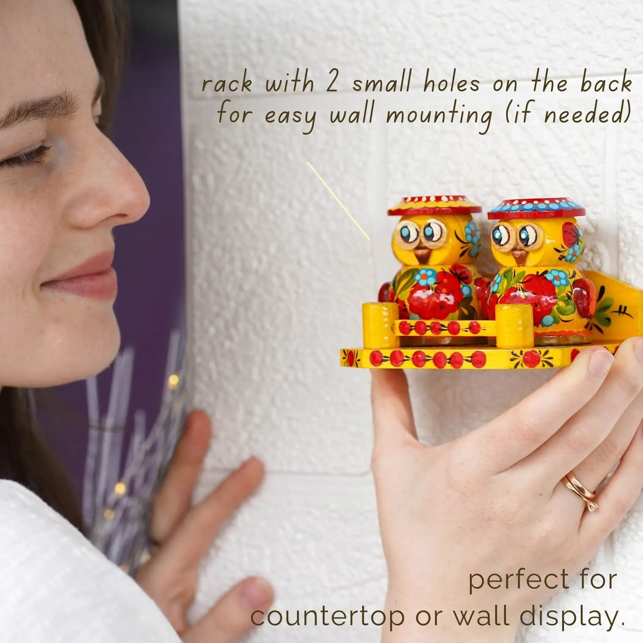 Hand-painted Wooden Salt & Pepper Shakers on Stand Set - Owl Shaped Wooden Shakers with Petrykivka Art - Wall/Countertop Rack, Tight-Seal Lids