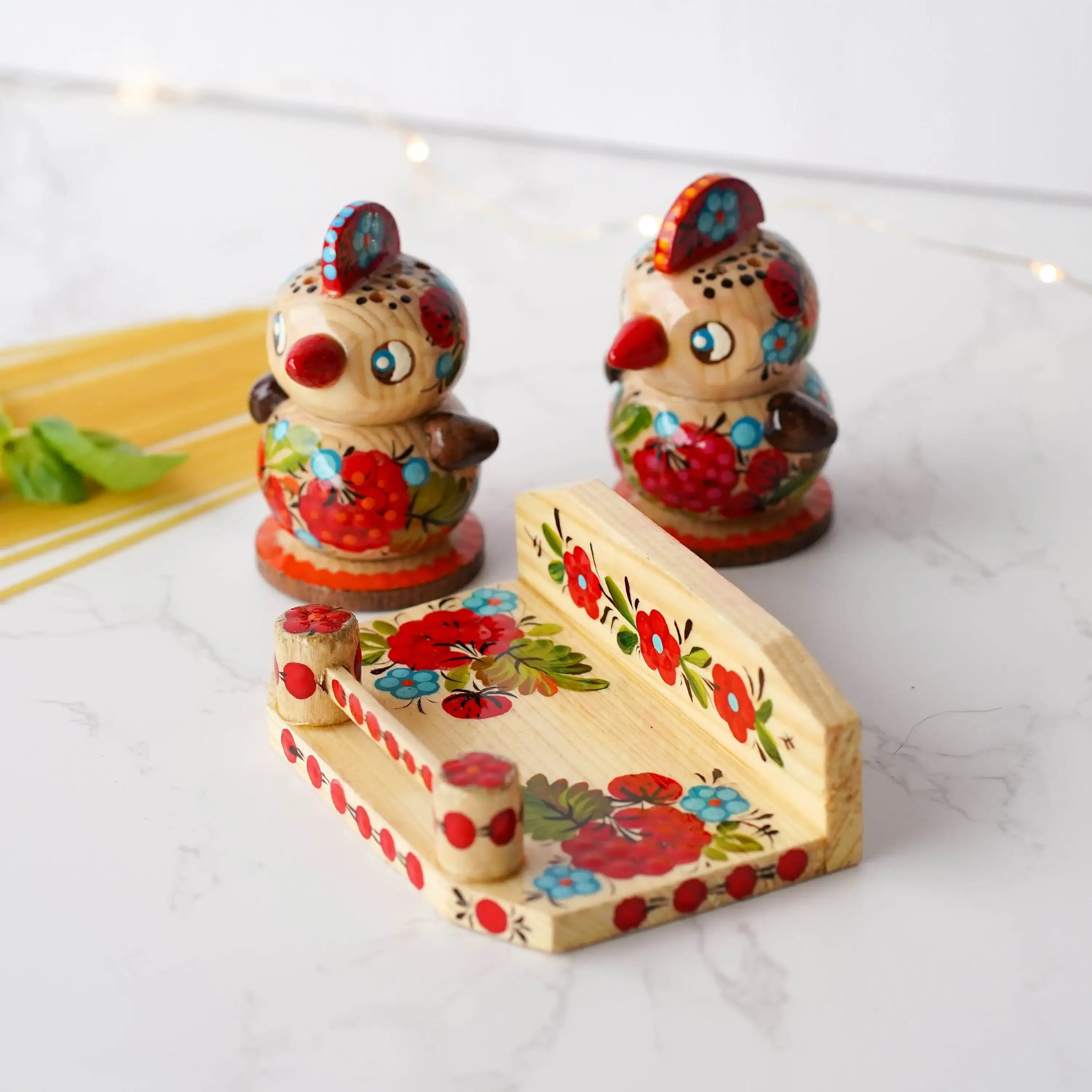 Handmade Wooden Salt & Pepper Shakers on Stand Set, Hand-painted Ukrainian Chicks Shakers with Petrykivka Art - Wall/Countertop Rack, Tight-Seal Lids