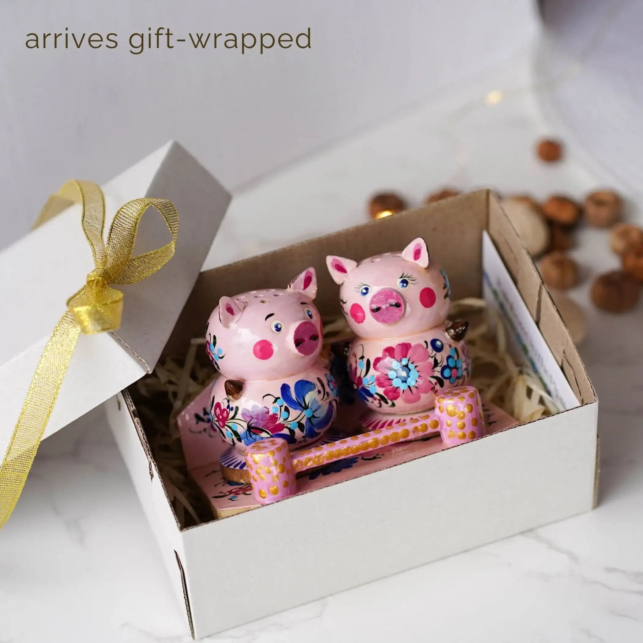 Hand-painted Wooden Salt & Pepper Shakers on Stand Set, Pink Flower Pigs Shakers with Petrykivka Art - Wall/Countertop Rack, Tight-Seal Lids