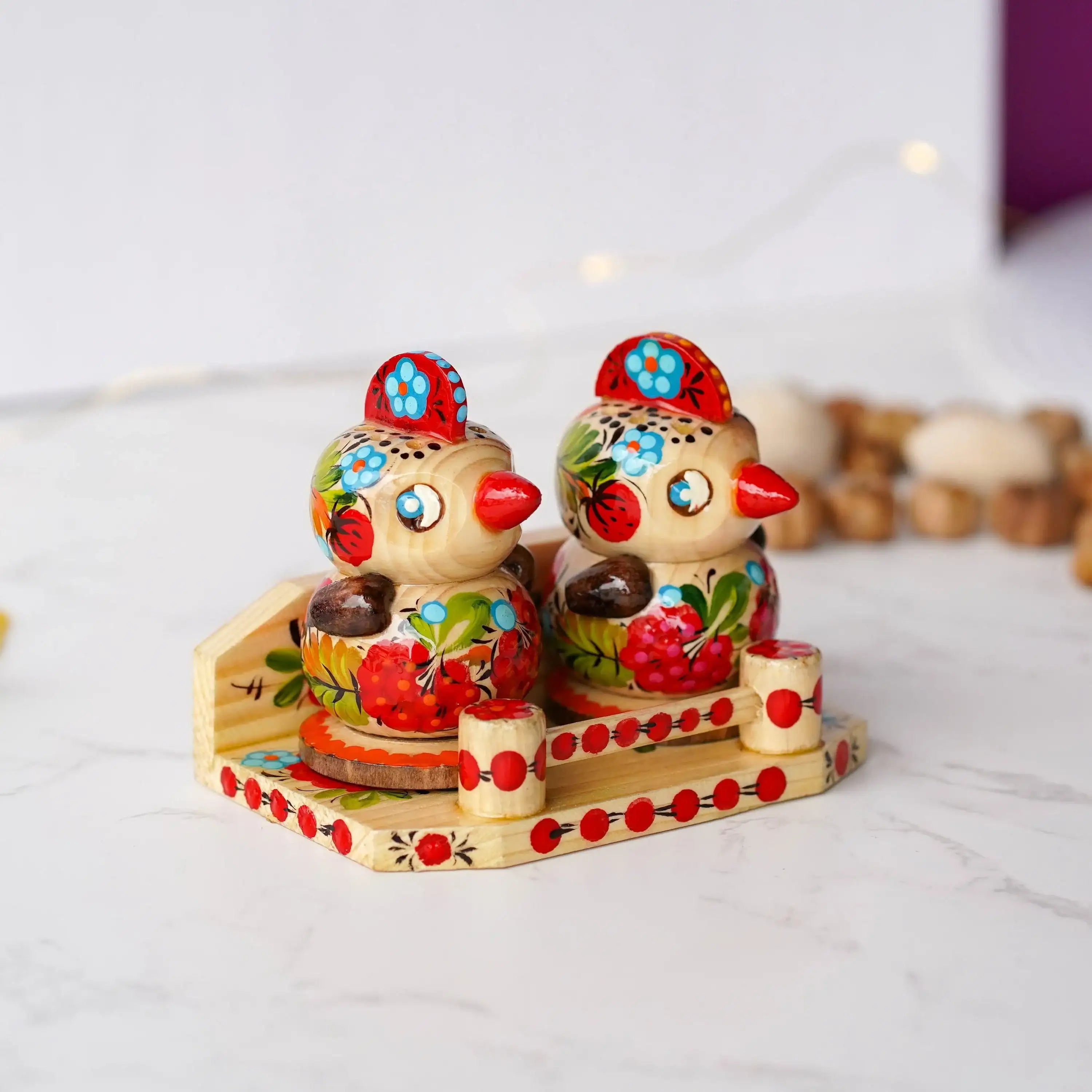 Handmade Wooden Salt & Pepper Shakers on Stand Set, Hand-painted Ukrainian Chicks Shakers with Petrykivka Art - Wall/Countertop Rack, Tight-Seal Lids