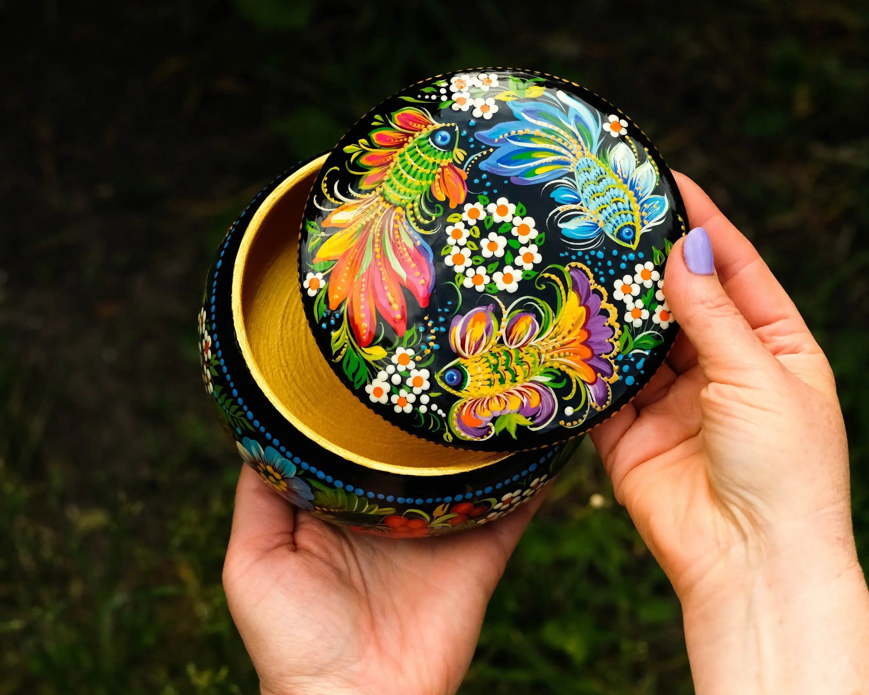 Hand-painted Wooden Jewelry Box - 5.1 in Petrykivka Art, Round Fairy Fish Trinket Box, Woodworking Jewelry Box
