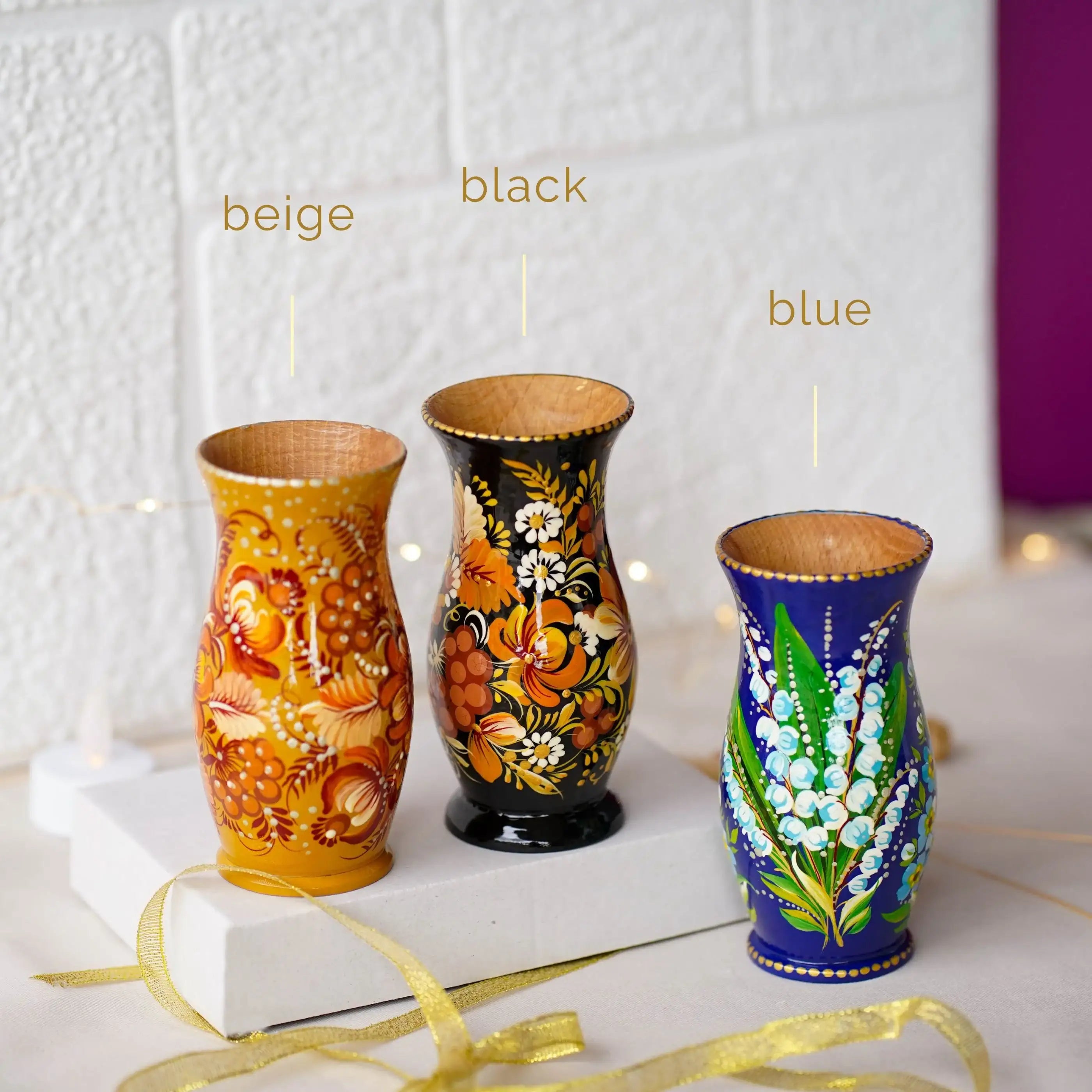 Hand-painted Wooden Vase 4.7 in - Personalized Small Vase for Dried Flowers, Beige Flower Ukrainian Folk Art Petrykivka Vase