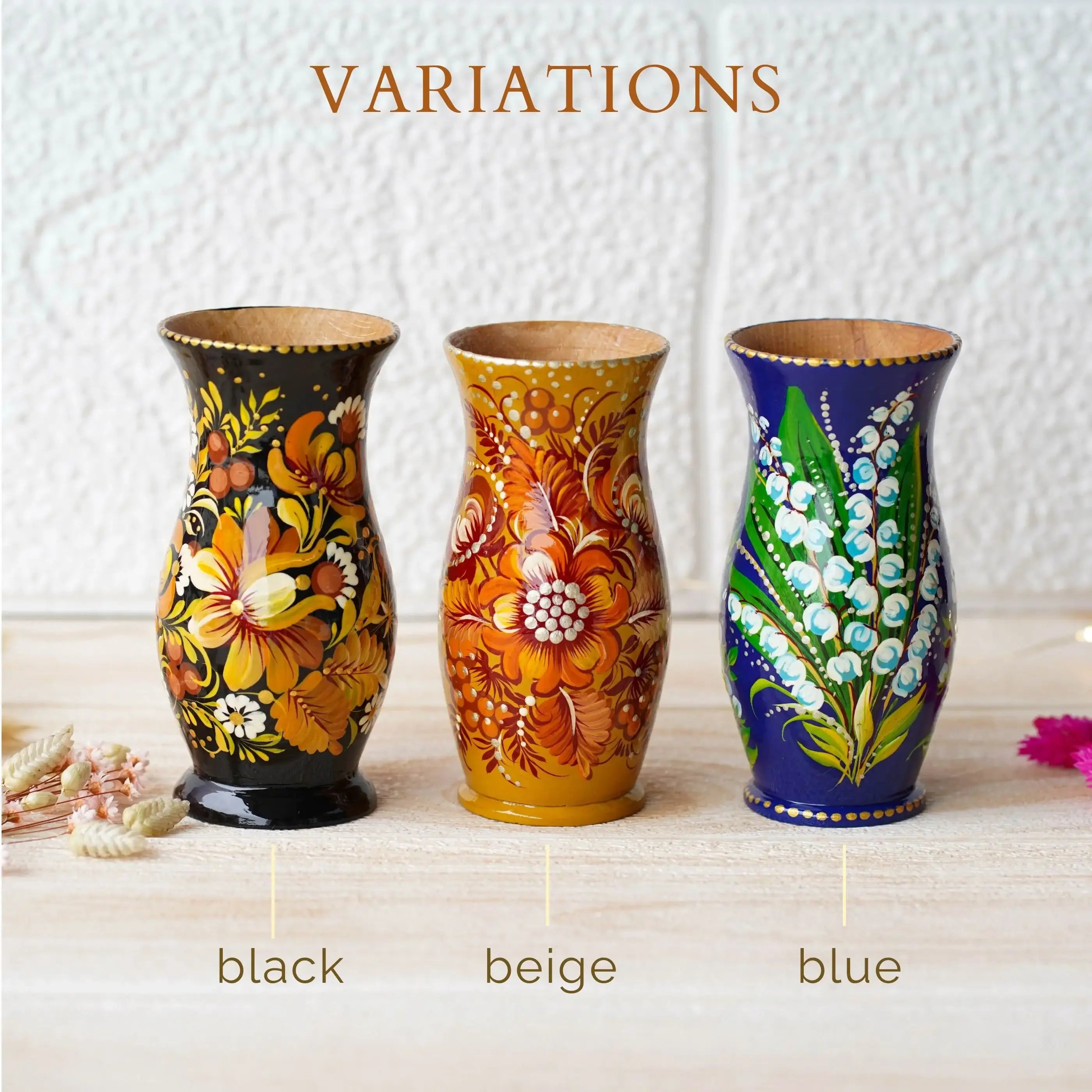 Hand-painted Wooden Vase 4.7 in - Personalized Small Vase for Dried Flowers, Beige Flower Ukrainian Folk Art Petrykivka Vase