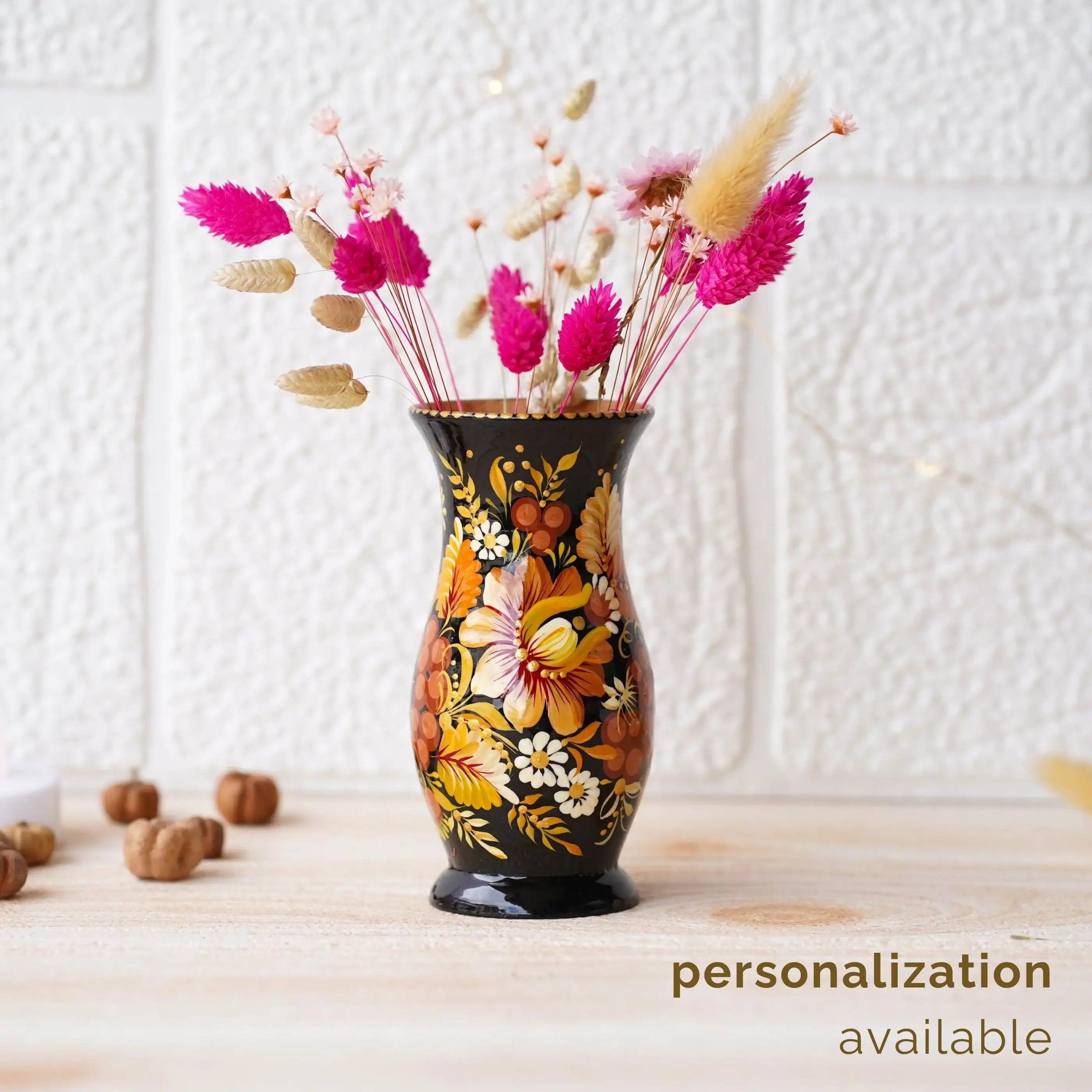 Hand-painted Wooden Vase 4.7 in - Personalized Small Vase for Dried Flowers, Beige Flower Ukrainian Folk Art Petrykivka Vase