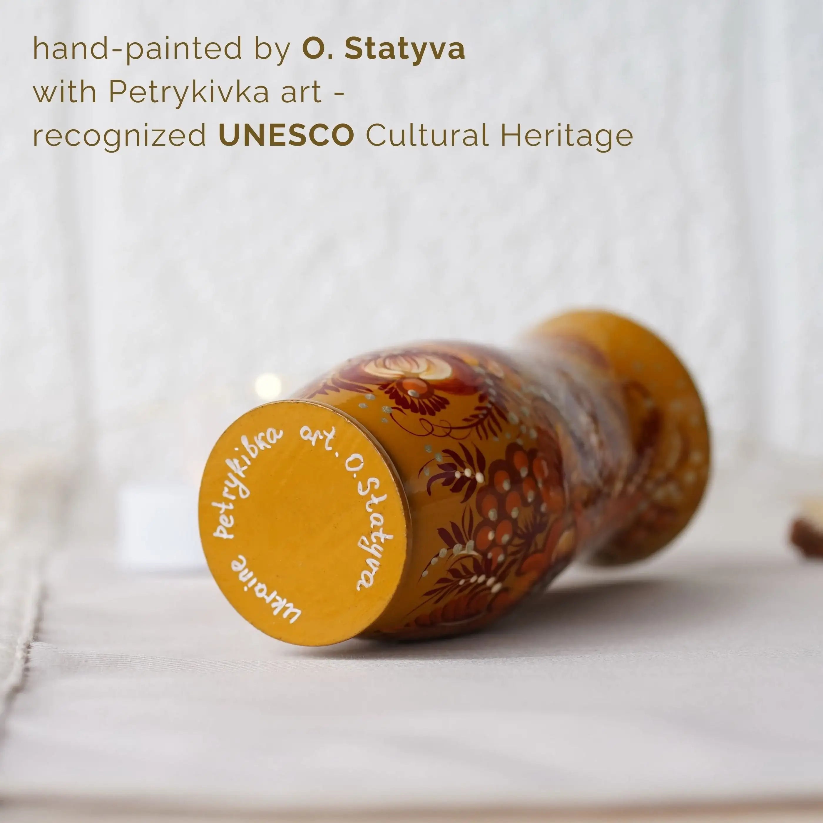 Painted Wooden Vase for Dried Flowers 4.7 in - Small Artisanal Beige Flower Vase, Ukrainian Folk Art Petrykivka