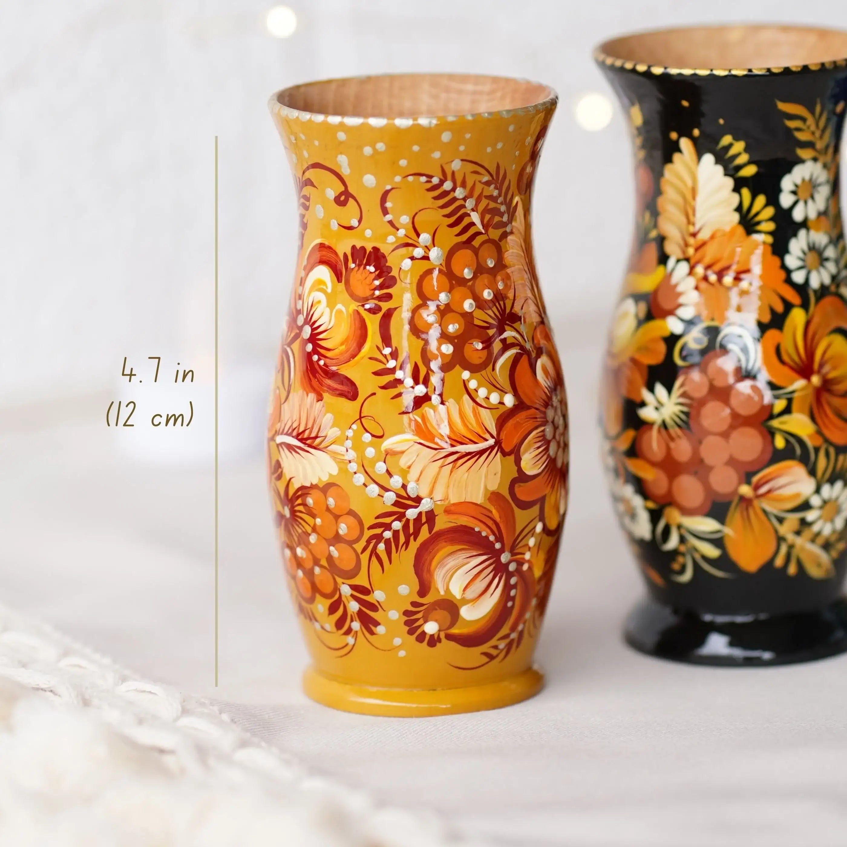 Painted Wooden Vase for Dried Flowers 4.7 in - Small Artisanal Beige Flower Vase, Ukrainian Folk Art Petrykivka