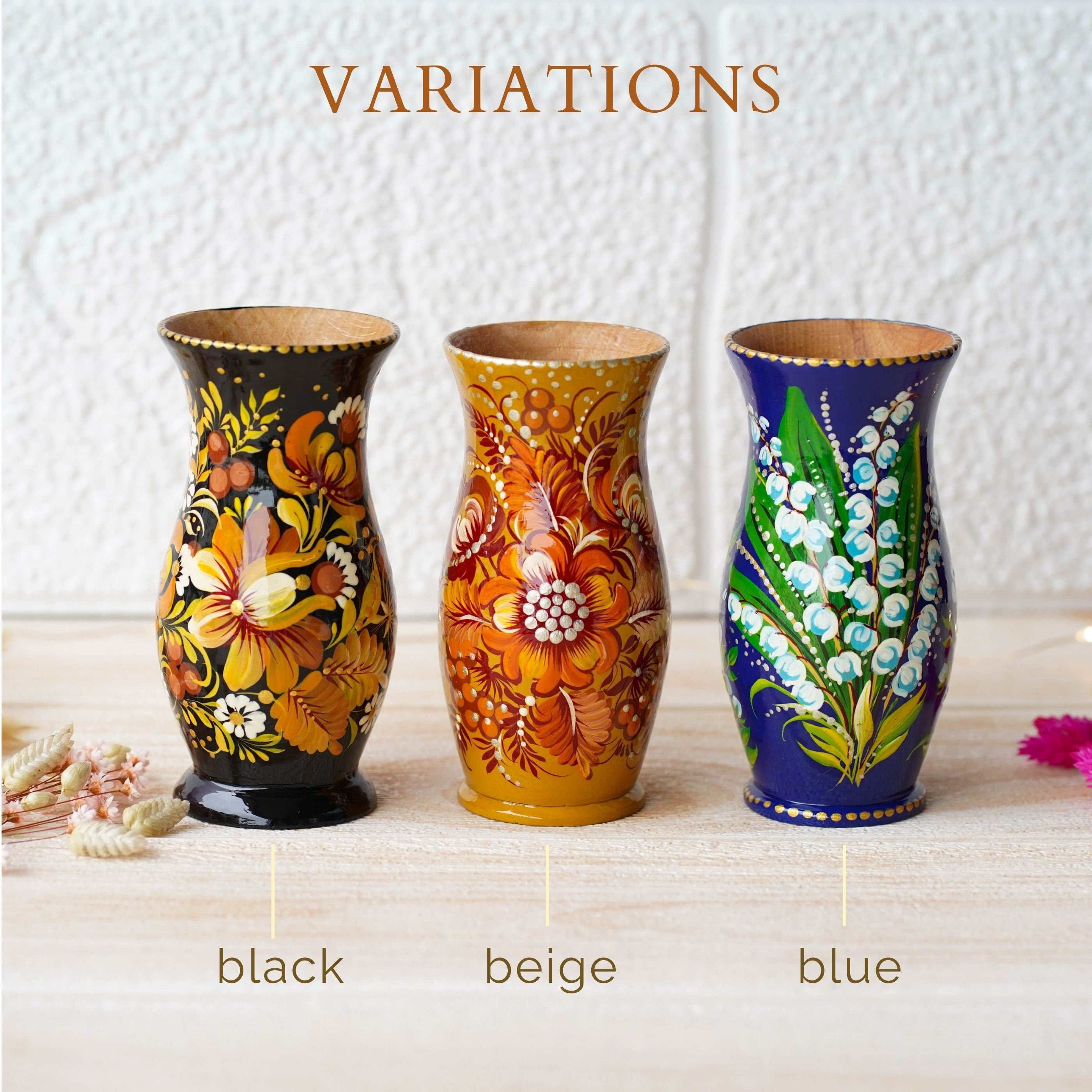 Painted Wooden Vase for Dried Flowers 4.7 in - Small Artisanal Beige Flower Vase, Ukrainian Folk Art Petrykivka