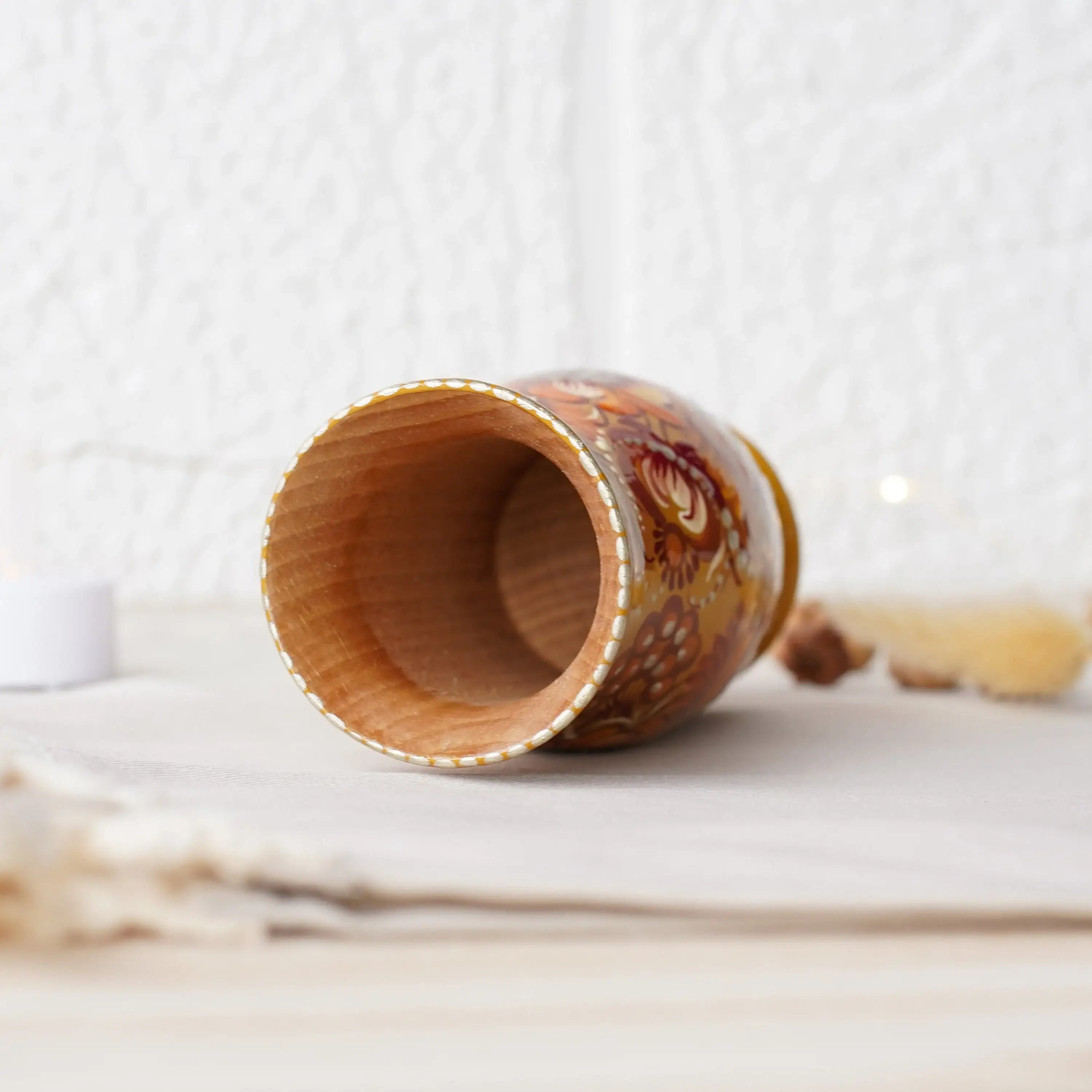 Painted Wooden Vase for Dried Flowers 4.7 in - Small Artisanal Beige Flower Vase, Ukrainian Folk Art Petrykivka