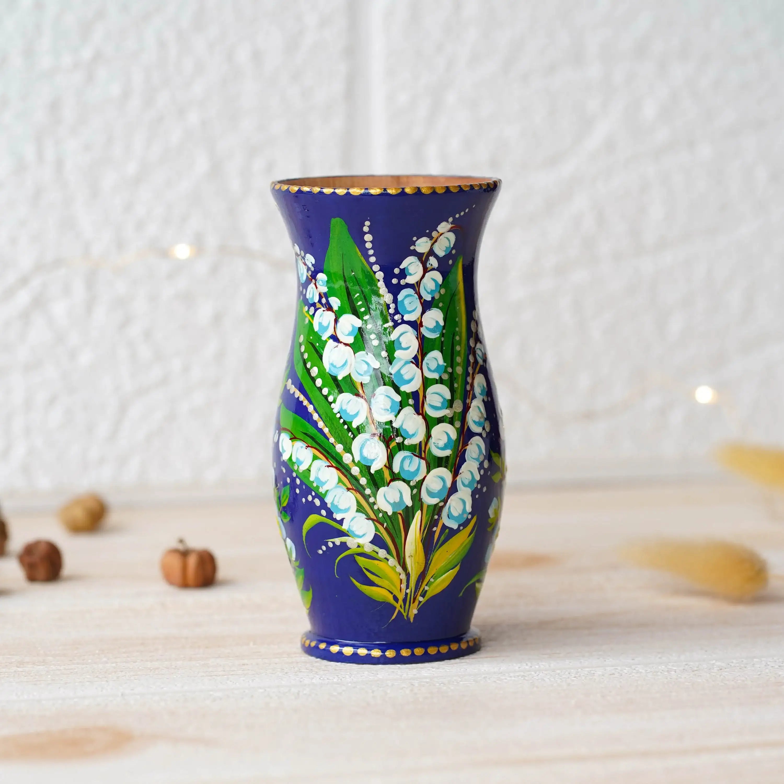Painted Wooden Vase for Dried Flowers 4.7 in - Small Artisanal Lily of the Valley and Forget-me-not Personalized Vase, Blue